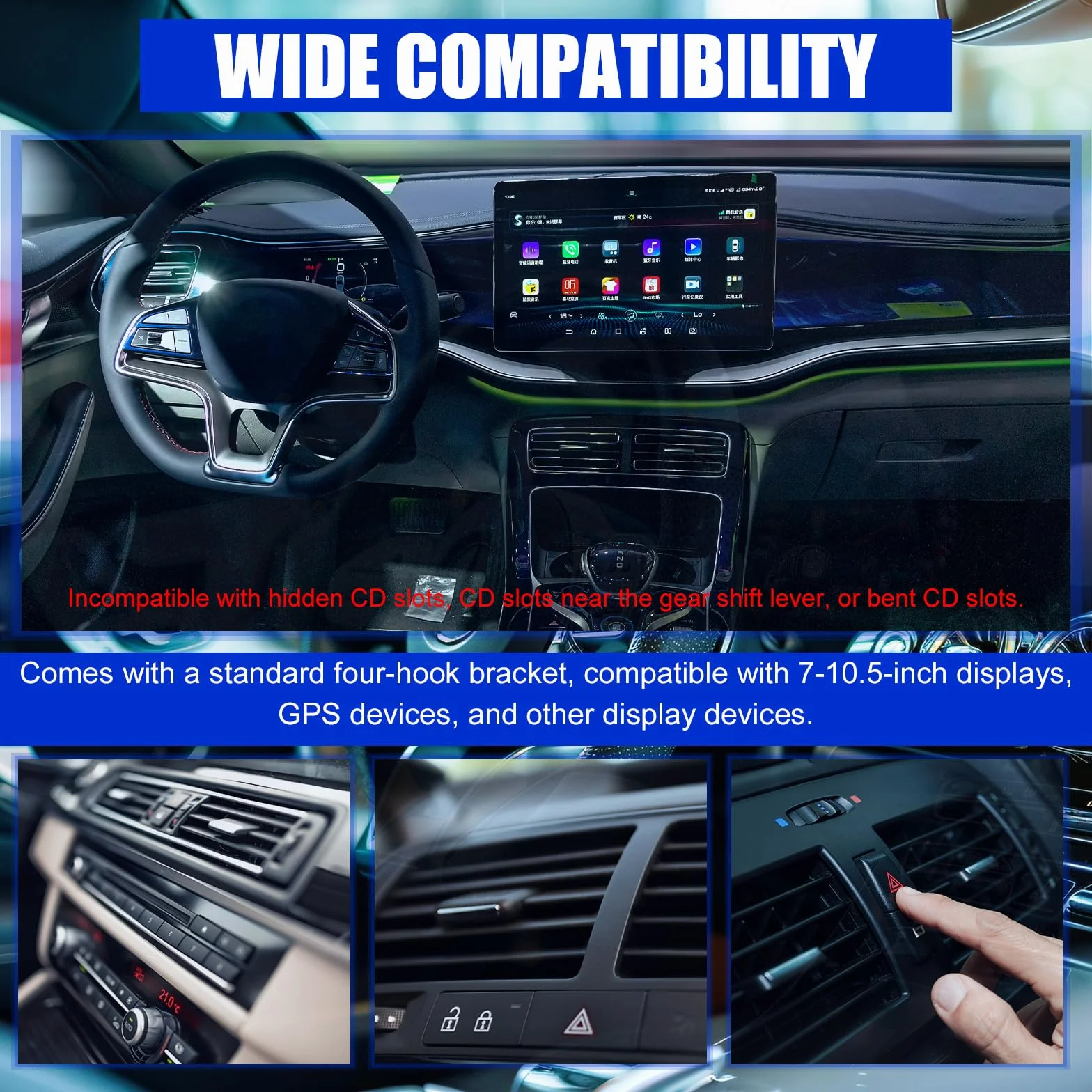Uchwyt Szczelinę CD do Carplay Ekranu 360° Obracany, Antywibracyjny Uchwyt CD z Trójkątnym Wspornikiem Stabilizującym Akcesoria Samochodowe do Carplay Ekranu/GPS/Dashcam