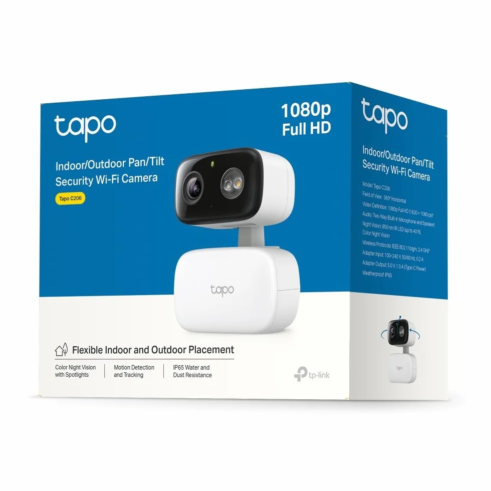 TP-Link Tapo C206 mini kamera do monitoringu z nagrywaniem, 1080p, zasięg 360°, do użytku wewnątrz i na zewnątrz, rozpoznawanie i powiadomienia, karta microSD do 512 GB, 105,3 × 77,8 × 69,8 mm