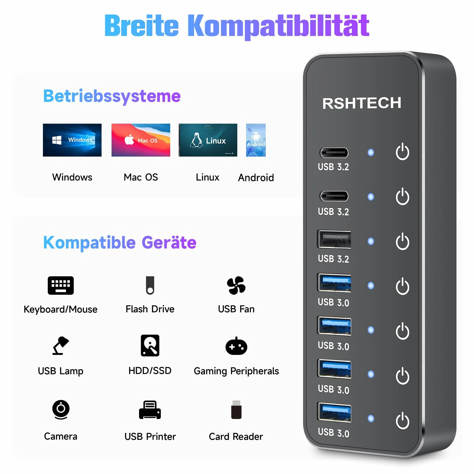 USB C 3.2 Hub Aktywny z zasilaczem, RSHTECH 7-portowy USB 3.1 Gen2 Hub z 3 * 10Gbps portami danych (Typ-A, 2 * Typ-C), 4 * portami Typ-A 3.0 5Gbps, przełącznik dotykowy, kabel danych 2-w-1 (100cm