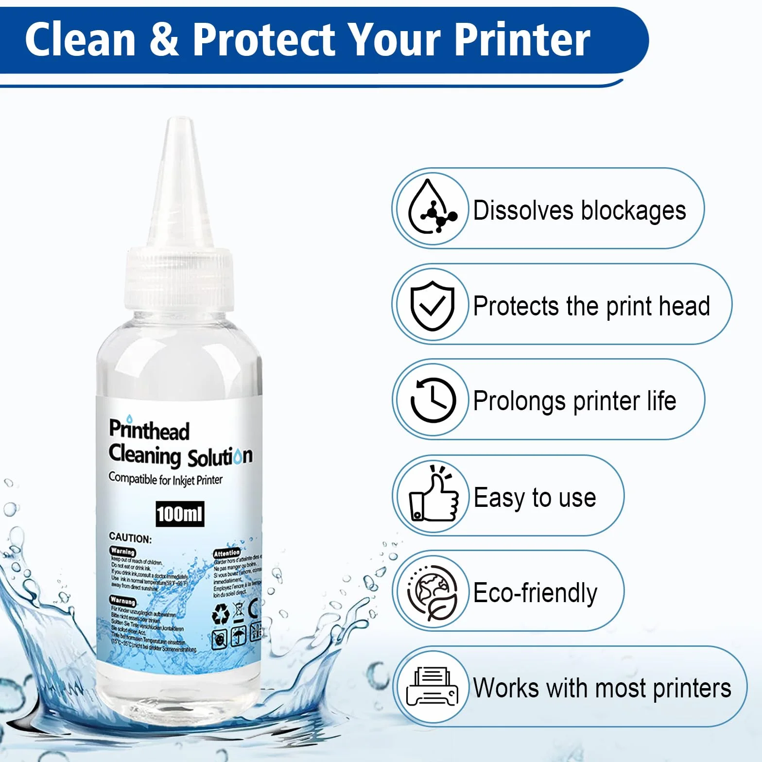 Zestaw do czyszczenia głowic drukarki, 100 ml płyn do czyszczenia głowicy drukującej kompatybilny z drukarkami atramentowymi HP Canon Brother Samsung i Kodak