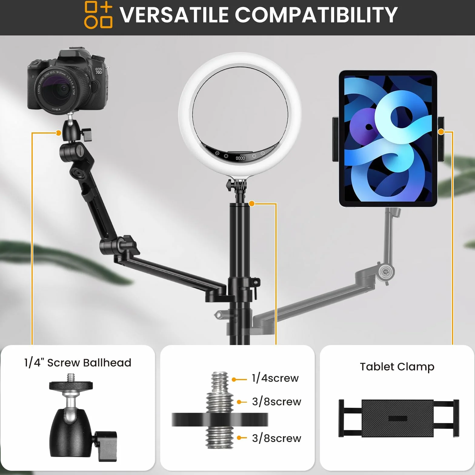 TARION Uchwyt biurkowy na ramię aparatu: Wytrzymały stojak na aparat DSLR z uchwytem na tablet Podwójny zacisk C 1/4 3/8 Adapter śrubowy Ramię przegubowe do selfie Streaming Videography TitanRig Lite