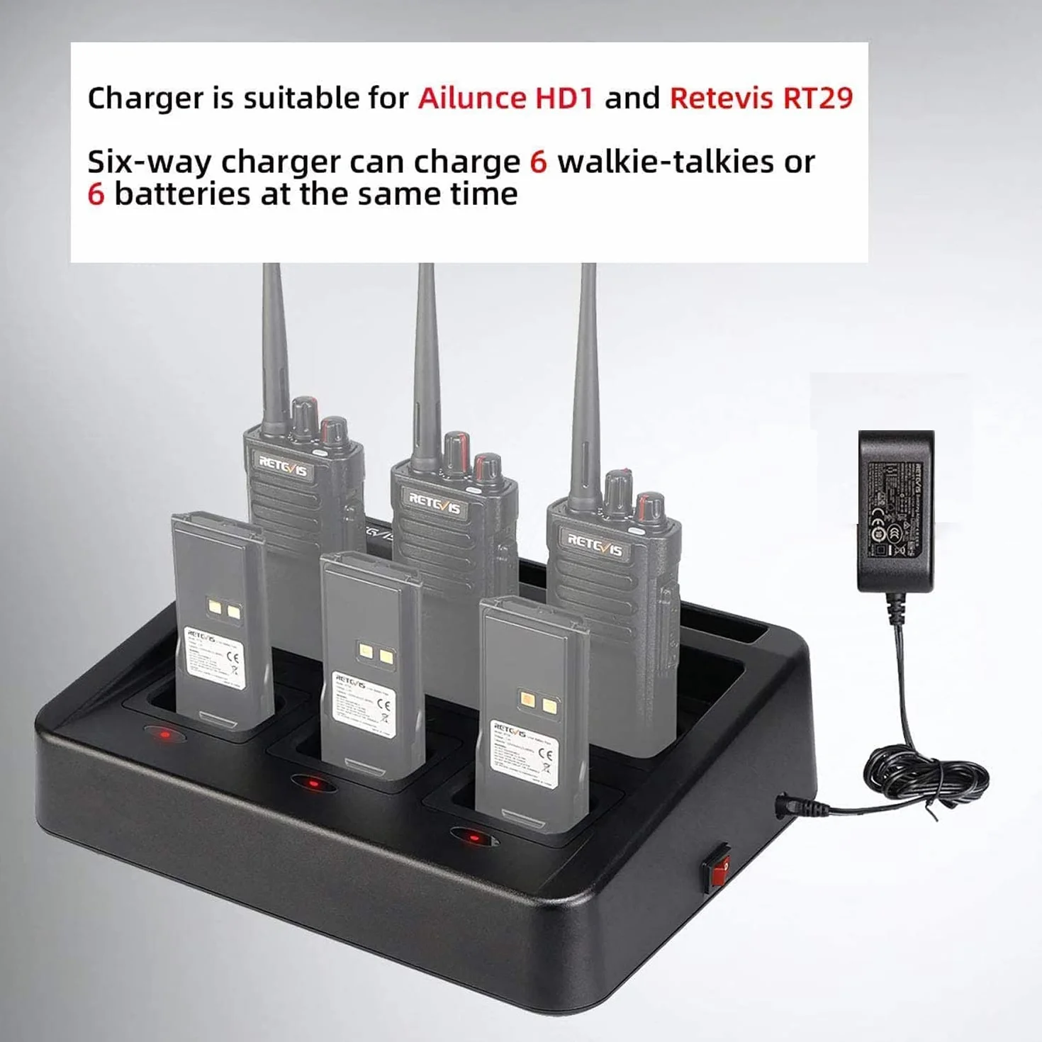 Retevis RT29 Ailunce Hd1 Walkie Talkie Six-Way Charger, Praktyczna łAdowarka Kompatybilna Z Radiotelefonem Ailunce HD1/HD2 Retevis RT29 RT29S RT29D (1 Szt.)