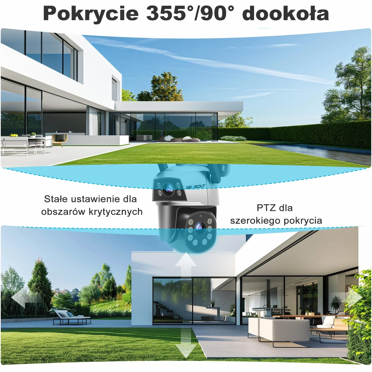 GENBOLT Kamera WiFi Zewnętrzna z Podwójnym Obiektywem, 2,4 i 5 GHz Przewodowa Kamera IP CCTV z Funkcją Color Night, Wykrywaniem Humanoidów, Automatycznym śledzeniem [Nagrywanie 24/7]