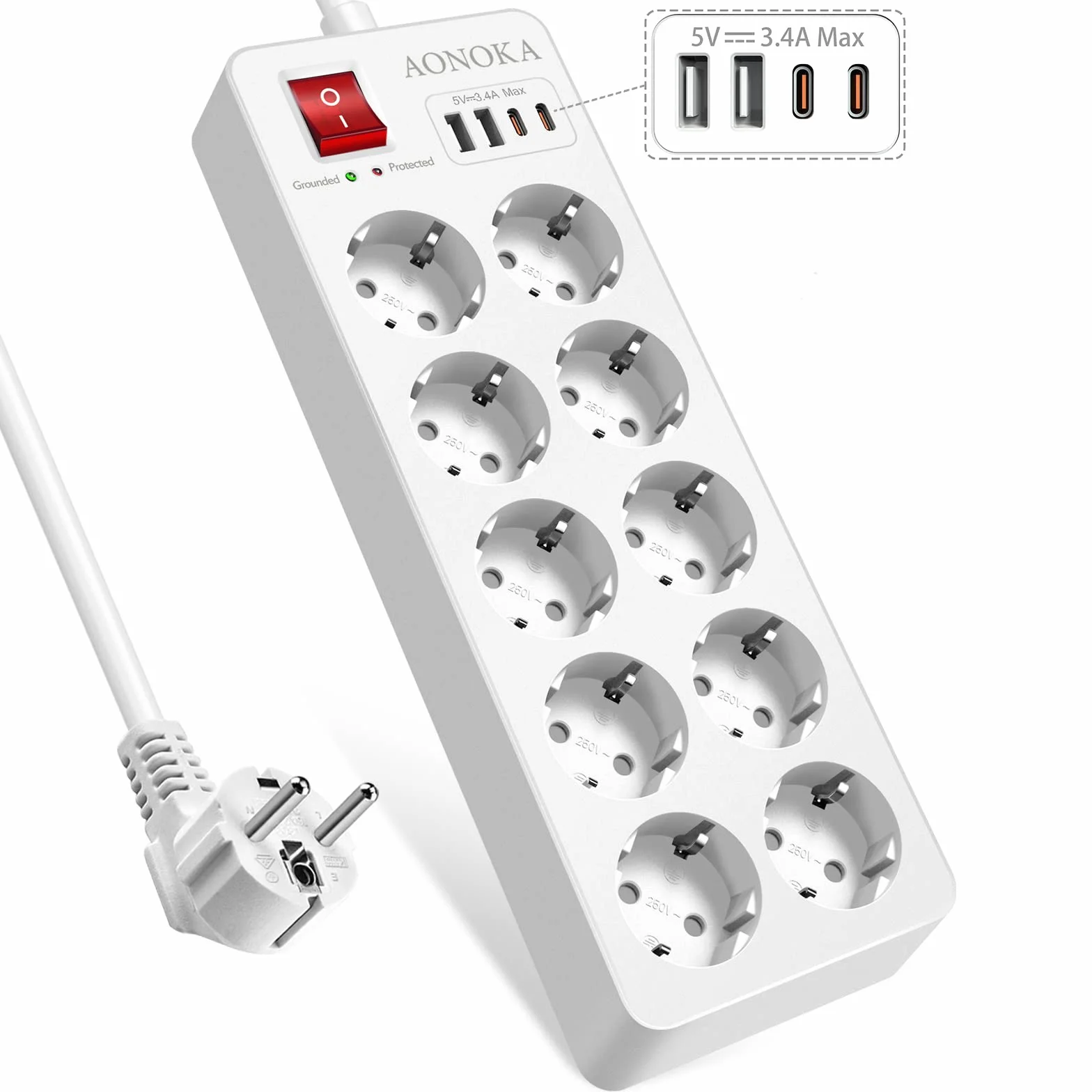 Listwa Zasilająca 10 gniazd USB C 5V/3.4A Przeciwprzepięciowa Przełącznik Montaż na Ścianie Biały 1.5 m