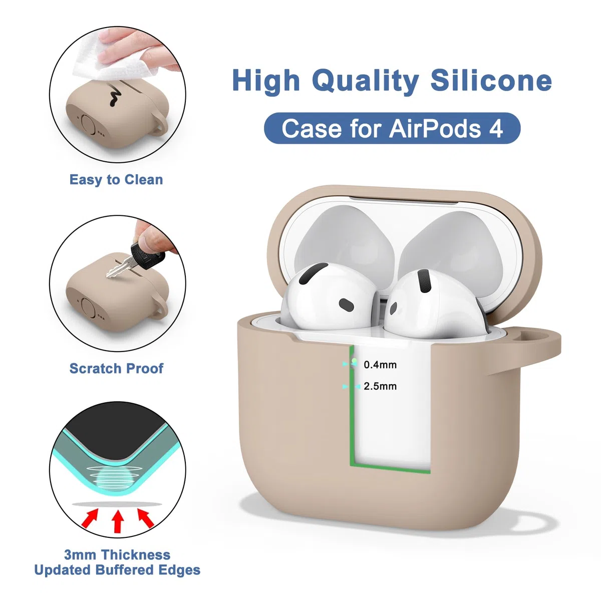 Etui ochronne z silikonu na AirPods 4 (2024), z pędzelkiem do czyszczenia, haczykiem i sznureczkiem, o grubości 2 mm, odporne na uderzenia i zarysowania, zestaw 4 w 1, akcesoria