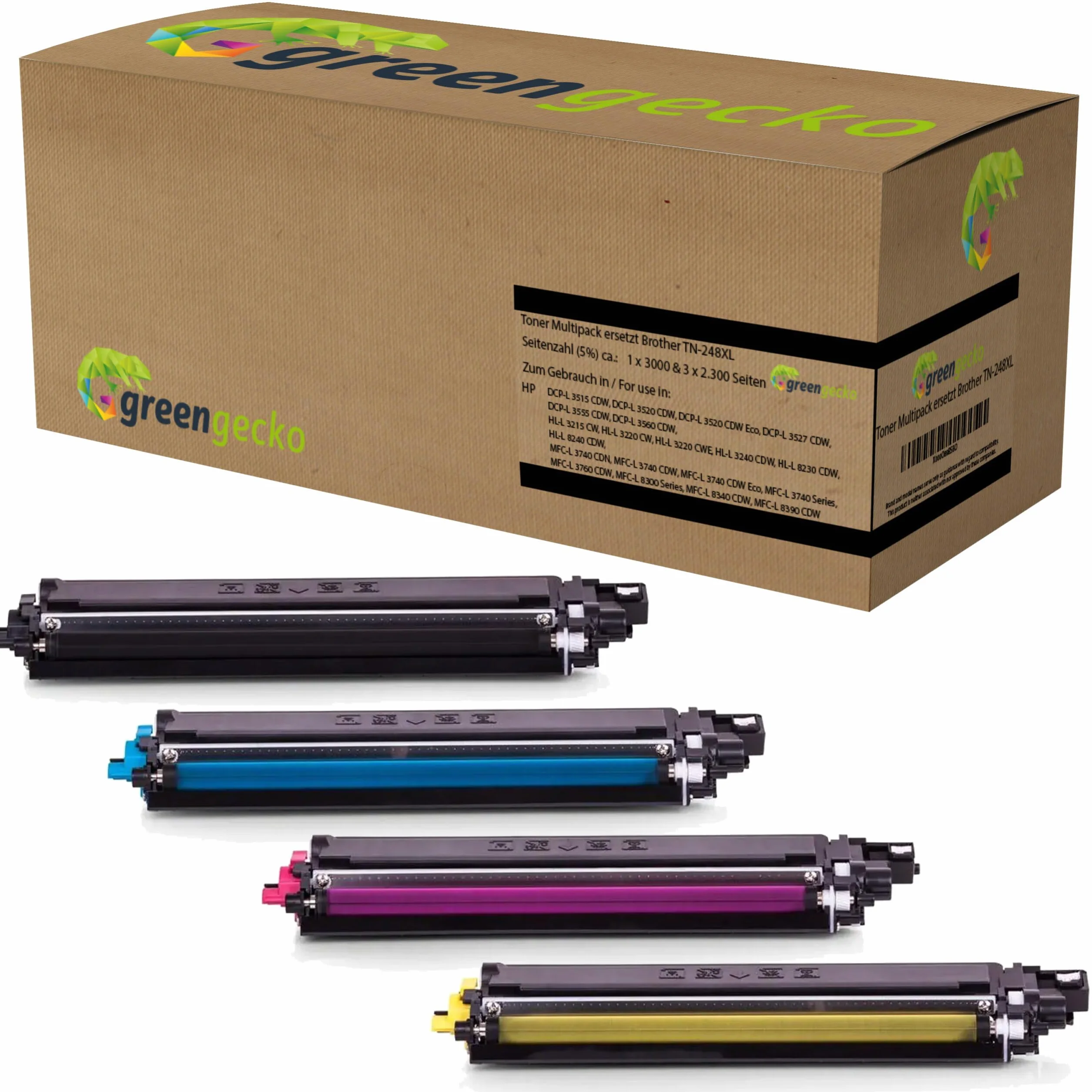 Toner XL Multipack zastępuje Brother TN-248XL, do DCP-L 3515 3520 3527 3555 3560, HL-L 3215 3220 3240 8230 8240, MFC-L 3740 3760 8300 8340 8390 czarny, cyjan, żołądek TA, żółte wkłady z chipem