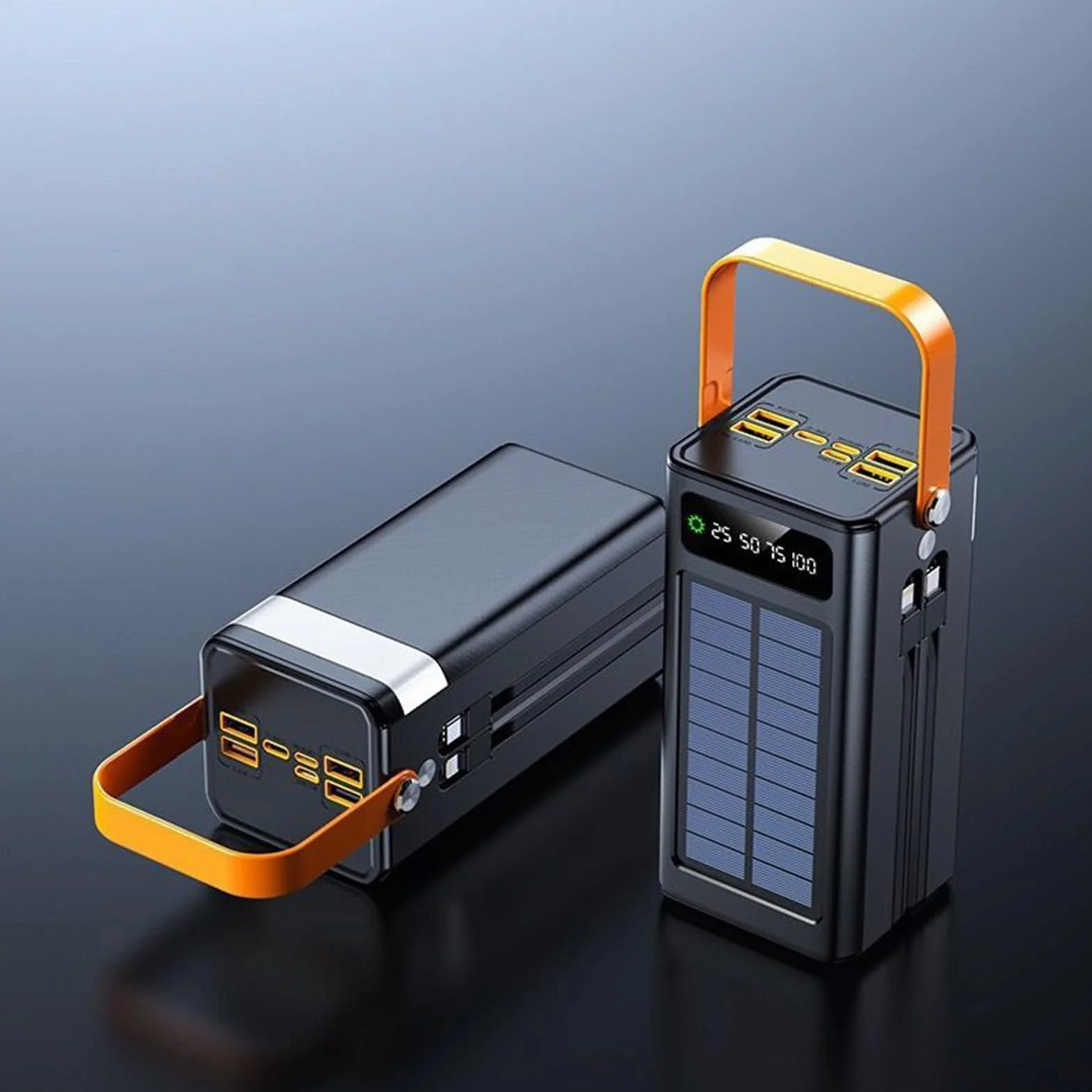 Ładowarka solarna do smartfonów | szybka ładowarka 120 W, 50 000 mAh, wyposażenie survivalowe ze światłem, 4 wyjścia, 3 wejścia, zintegrowany kabel do wszystkich telefonów komórkowych