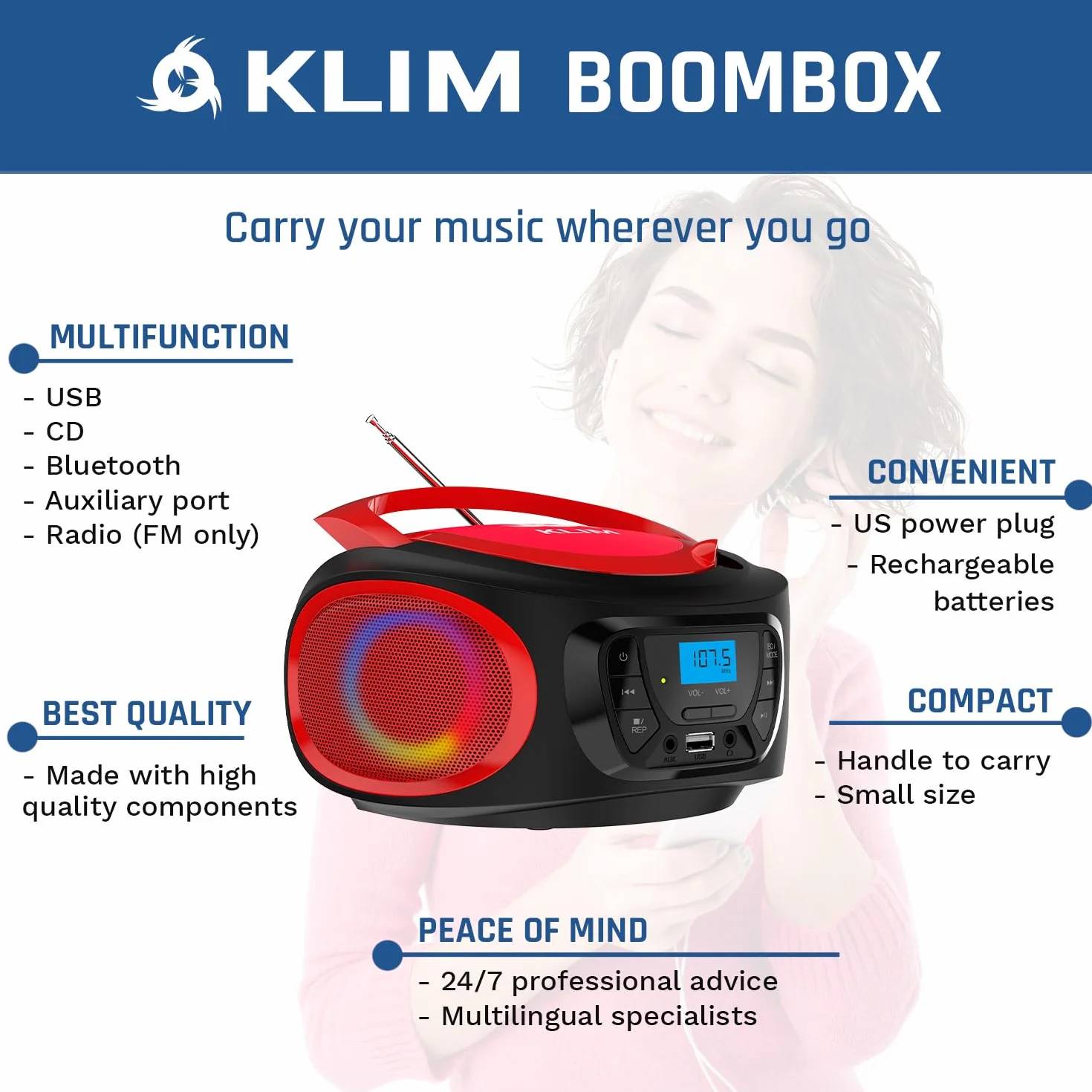 KLIM Boombox Radio CD, nowość 2023 Radio FM, CD Bluetooth, MP3, USB, AUX - baterie do ładowania, tryby przewodowe i bezprzewodowe, kompaktowy i wytrzymały, czerwony