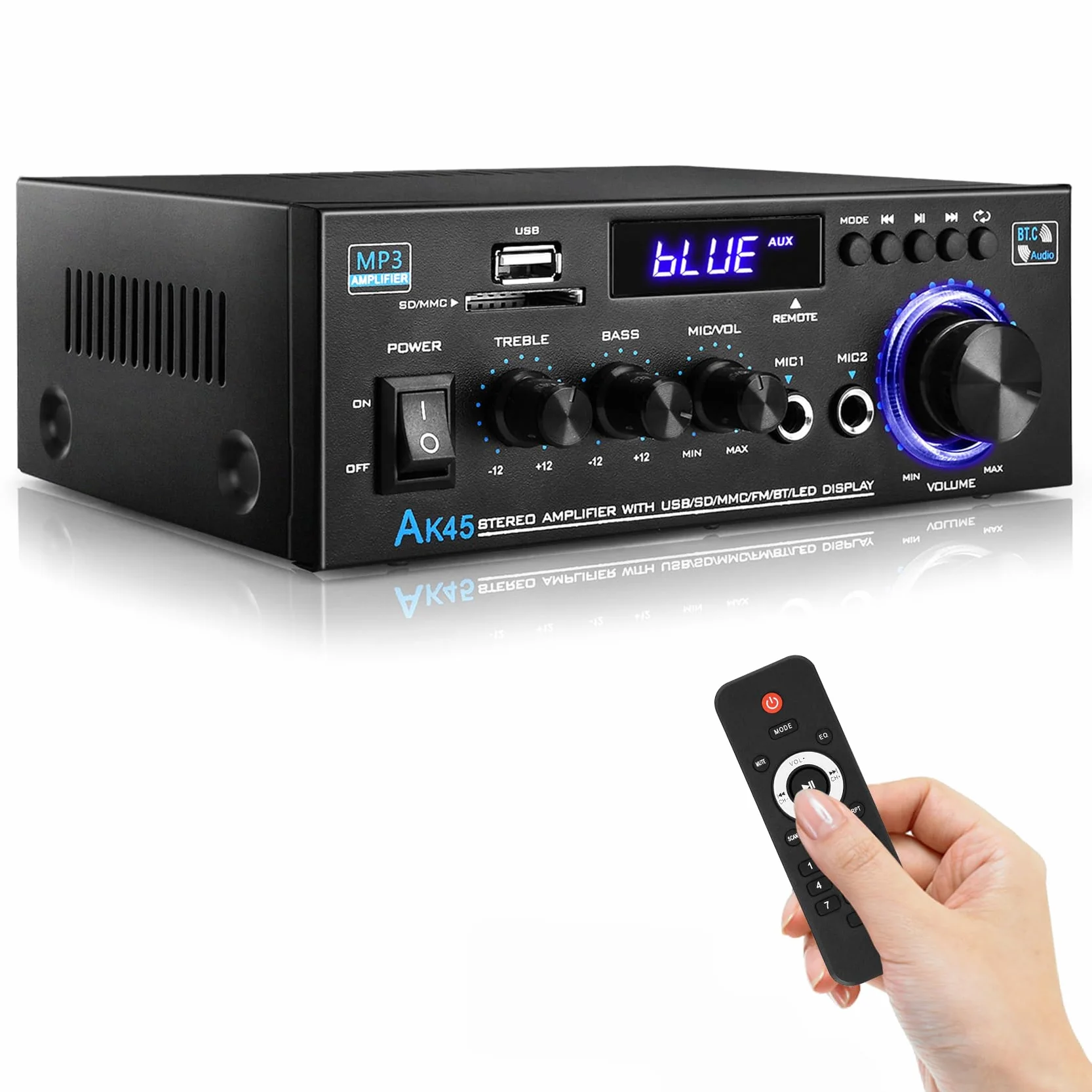 KKMOL AK45 Mini wzmacniacz hi-fi stereo Bluetooth 12V 220V 400W 2 kanały cyfrowy z USB SD pilot