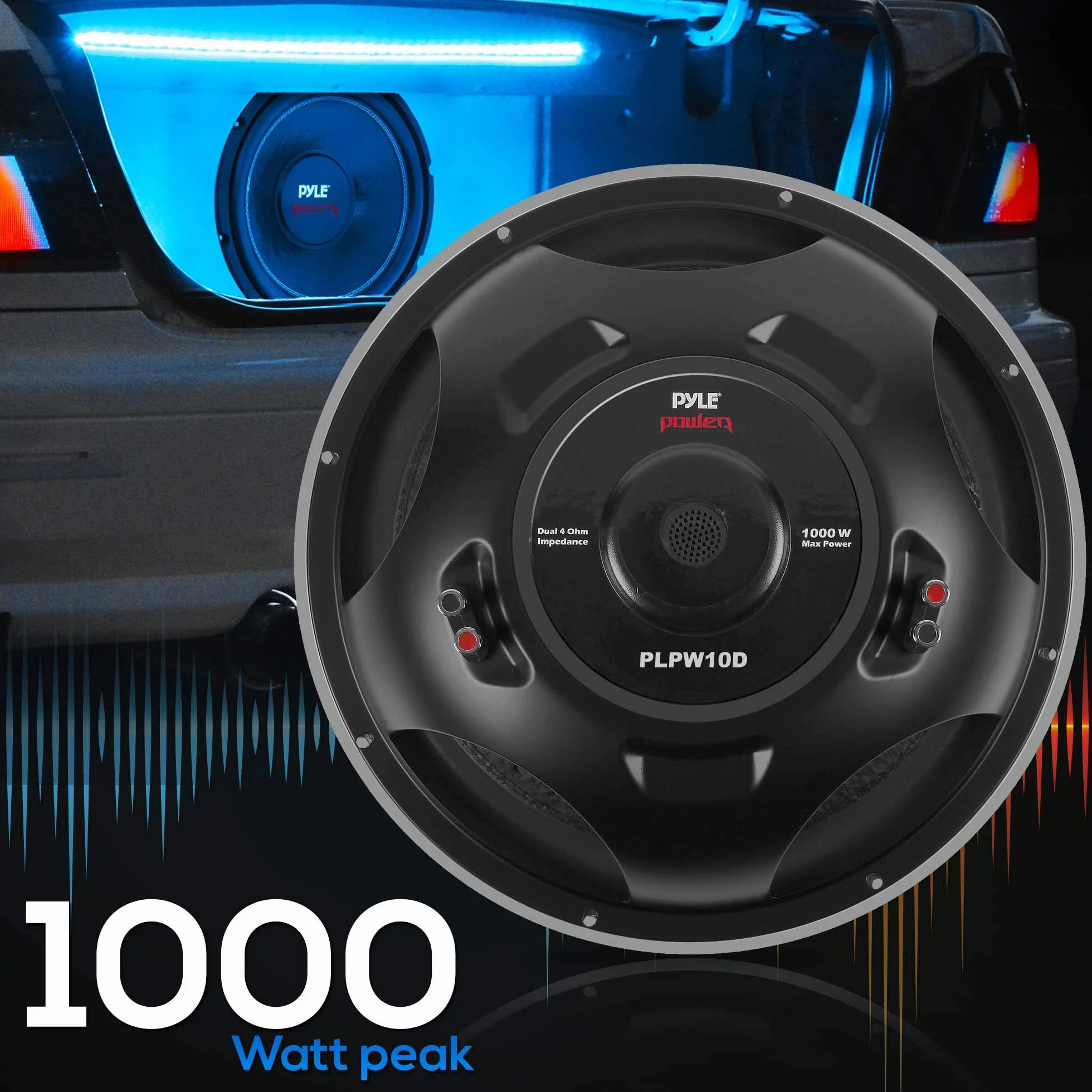 Pyle subwoofer samochodowy 10" – 1000 W wysokiej mocy subwoofer basowy stereo – membrana papierowa, 90 dB, 4 Ohm, magnes 50 oz, 2-calowa 4-warstwowa cewka