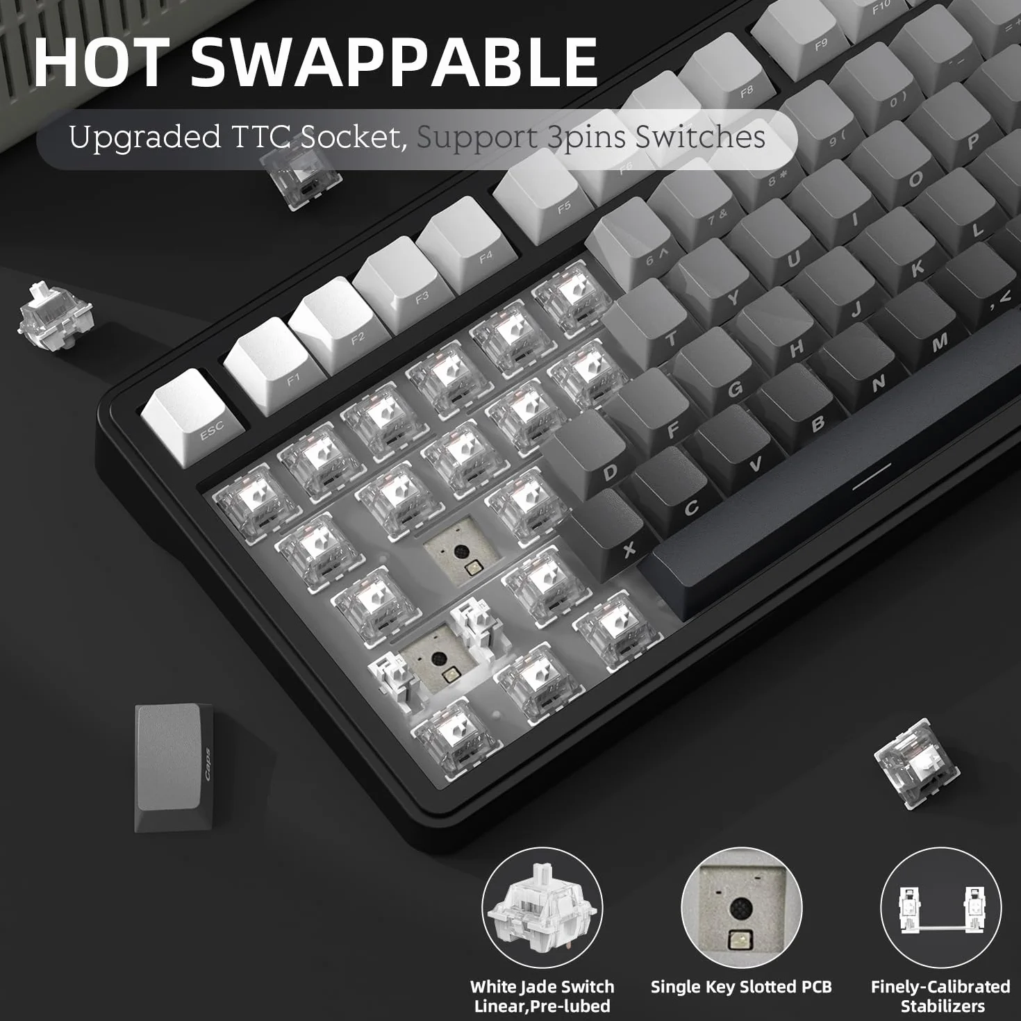 A.JAZZ x ATTACK SHARK X85 Klawiatura Mechaniczna z Uszczelką,Bezprzewodowa Klawiatura do Gier 75% z Knob,5-Layer Padding,PBT Side-Printed Keycap,BT/2.4 Ghz/USB-C,Hot-Swap Linear Switch,RGB,na PC,MAC
