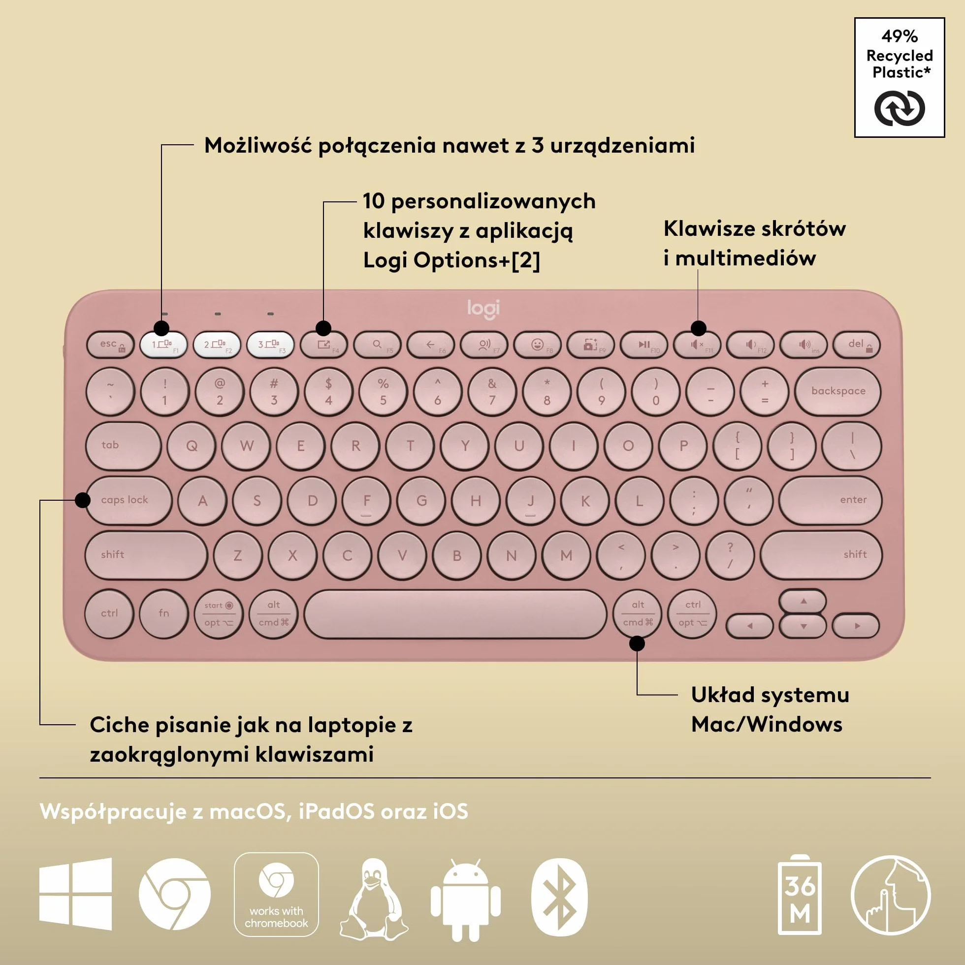 Logitech Pebble Keys 2 K380s, bezprzewodowa klawiatura Bluetooth do wielu urządzeń z ustawianymi skrótami, smukła, przenośna, przełączanie, Windows, macOS, iPadOS, Android, Chrome OS, QWERTY US-Różowy