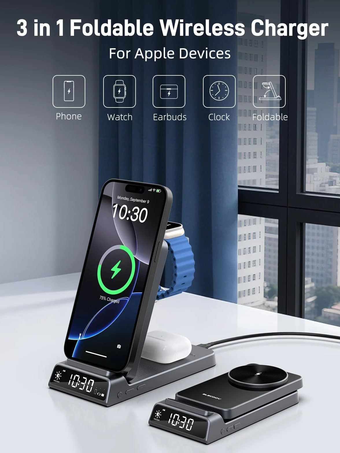 Bezprzewodowa ładowarka do Apple, magnetyczna stacja ładująca 3 w 1 z zegarem, składany podróżny bezprzewodowy stojak ładujący do iPhone 17/17 Pro/17 Pro Max/16/15, ładowarka do zegarka iWatch 10