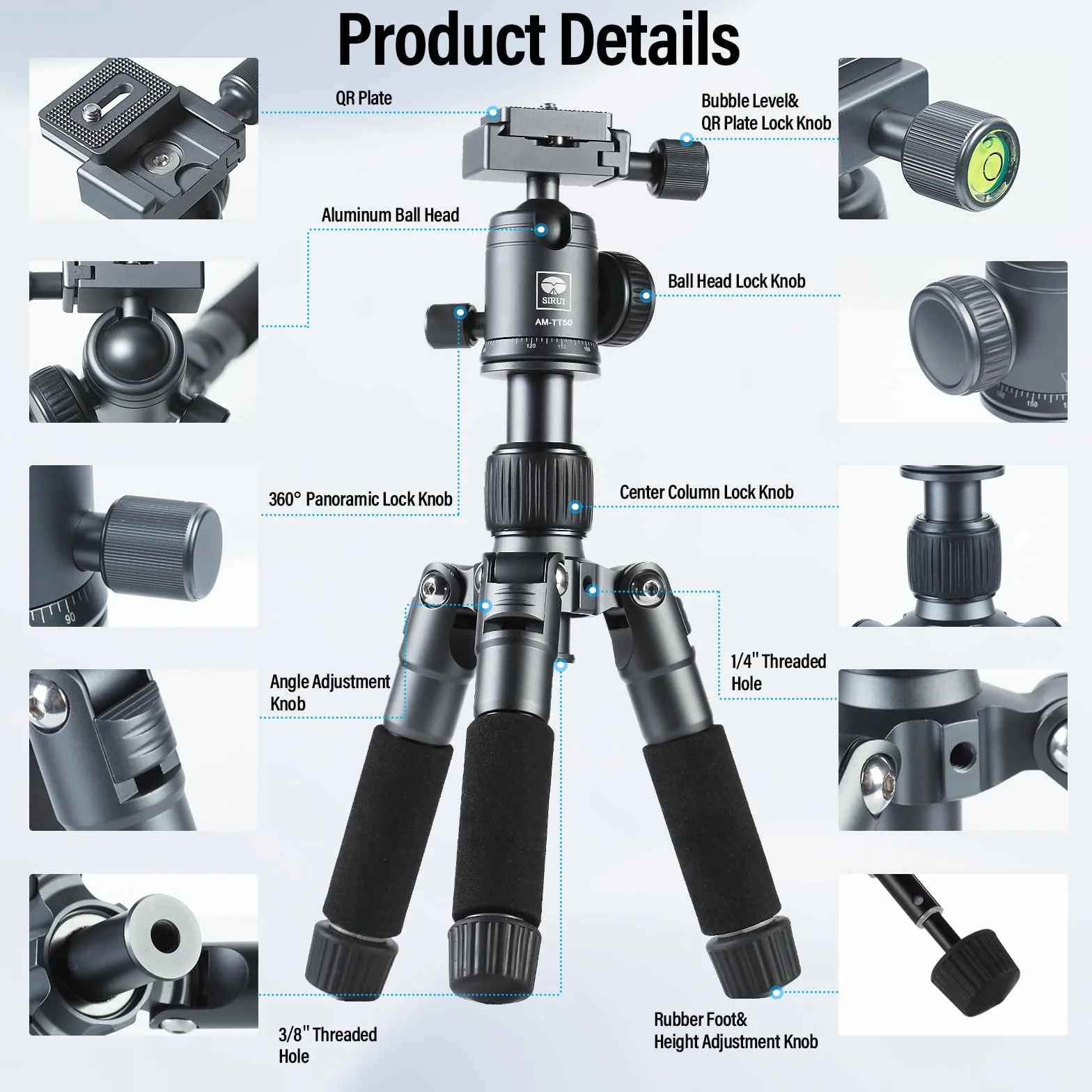 SIRUI Kompaktowy mini statyw biurkowy, 50.8 cm aluminiowy przenośny mały statyw stołowy z głowicą kulową 360° do telefonu z aparatem DSLR, ładowany do 10 kg, uchwyt na telefon w zestawie, AM-TT50