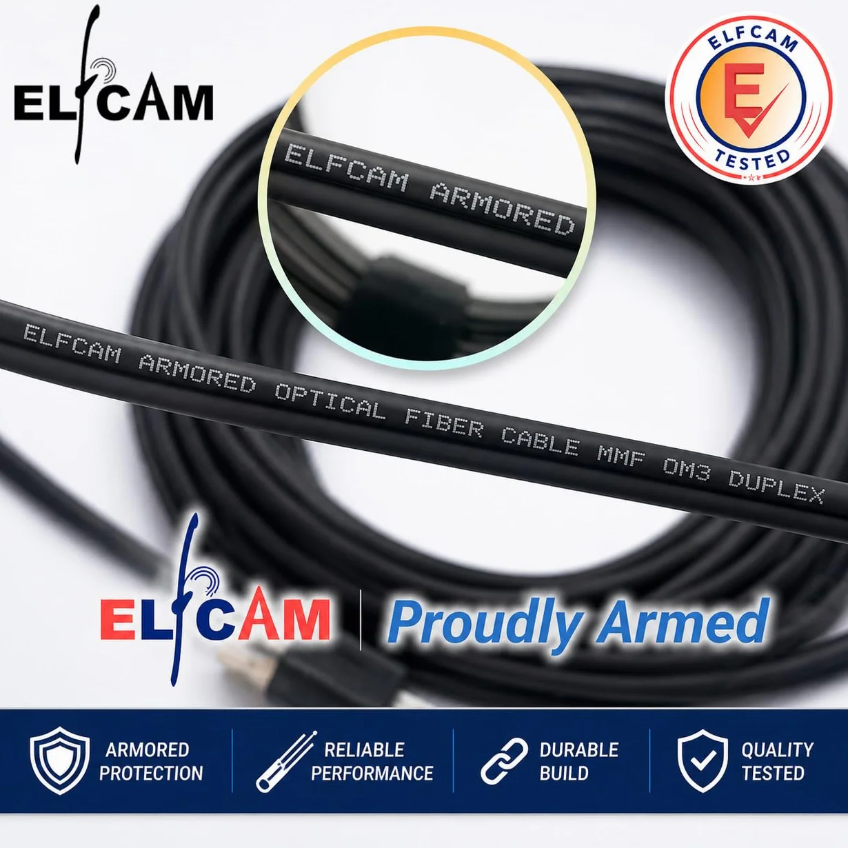 Elfcam® - 40 m na zewnątrz i wewnątrz ekranowany opancerzony kabel światłowodowy LC/UPC do LC/UPC OM3 Multimode Duplex 50/125μm LSZH, czarny, 40 metrów