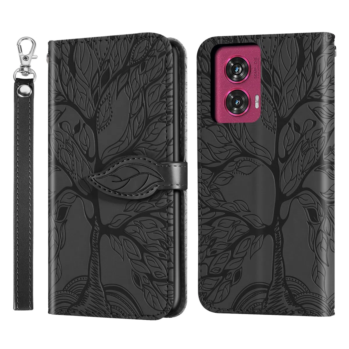 Etui na telefon Motorola Edge 50 Fusion Presowane drzewo PU skóra Motorola Edge 50 Fusion Flip Etui Portfel Torba Etui na Motorola Edge 50 Fusion Czarny