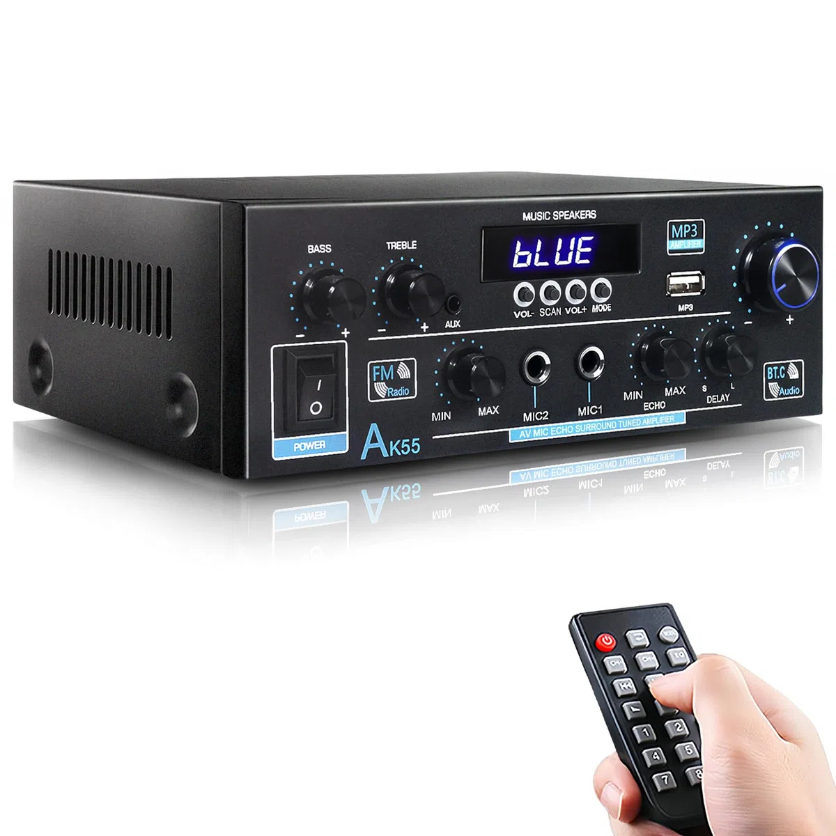 Wzmacniacz HiFi WOOPKER Mini wzmacniacz, 500 W, 2 kanały Bluetooth HiFi Stereo w/radio FM, USB, SD, RCA, MIC In, wzmacniacz audio, odbiornik do domu lub samochodu (AK55)