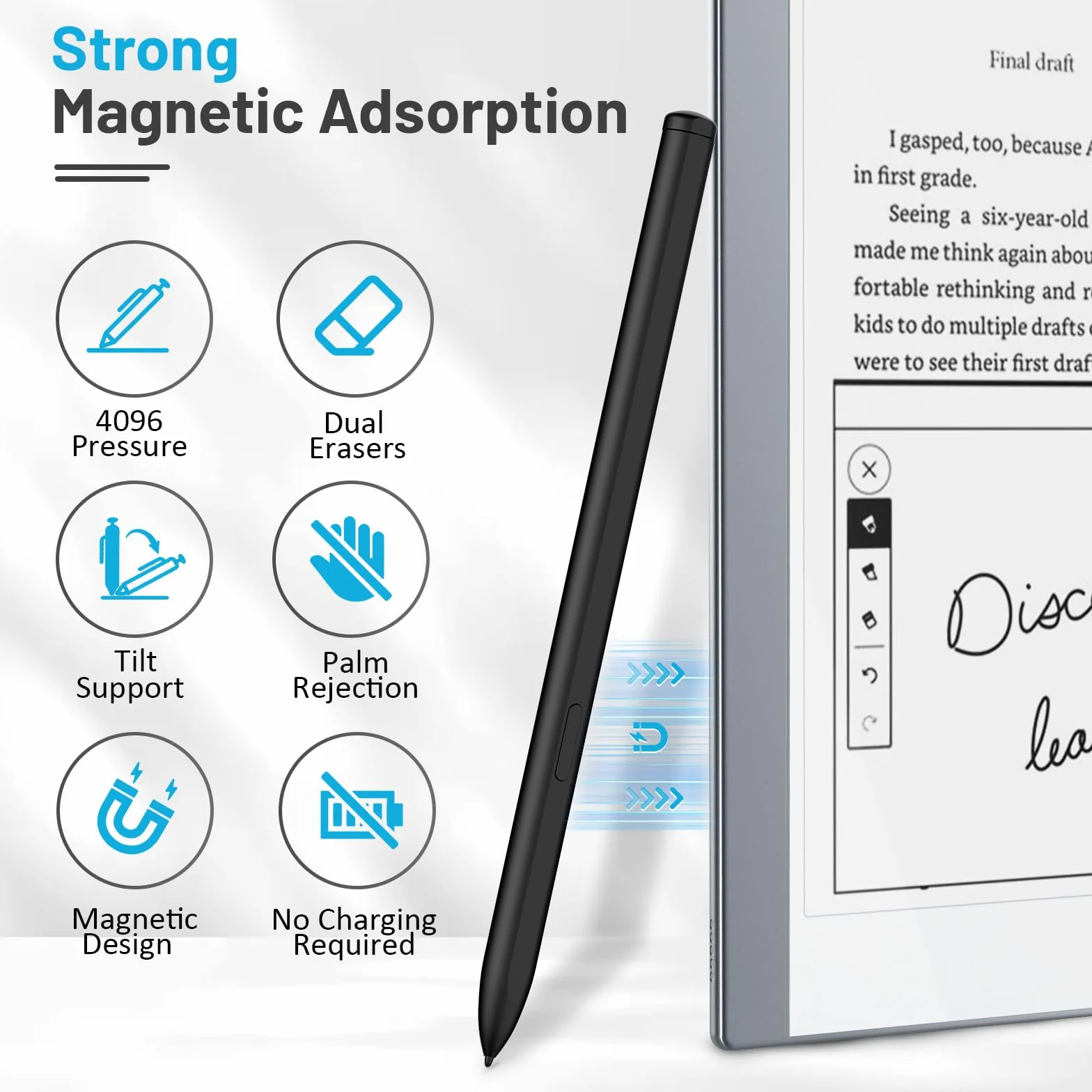 TiMOVO Magnetic EMR Stylus Compatible with Remarkable 2 Eraser 4096 Pressure Sensitivity Palm Rejection Tilt Black