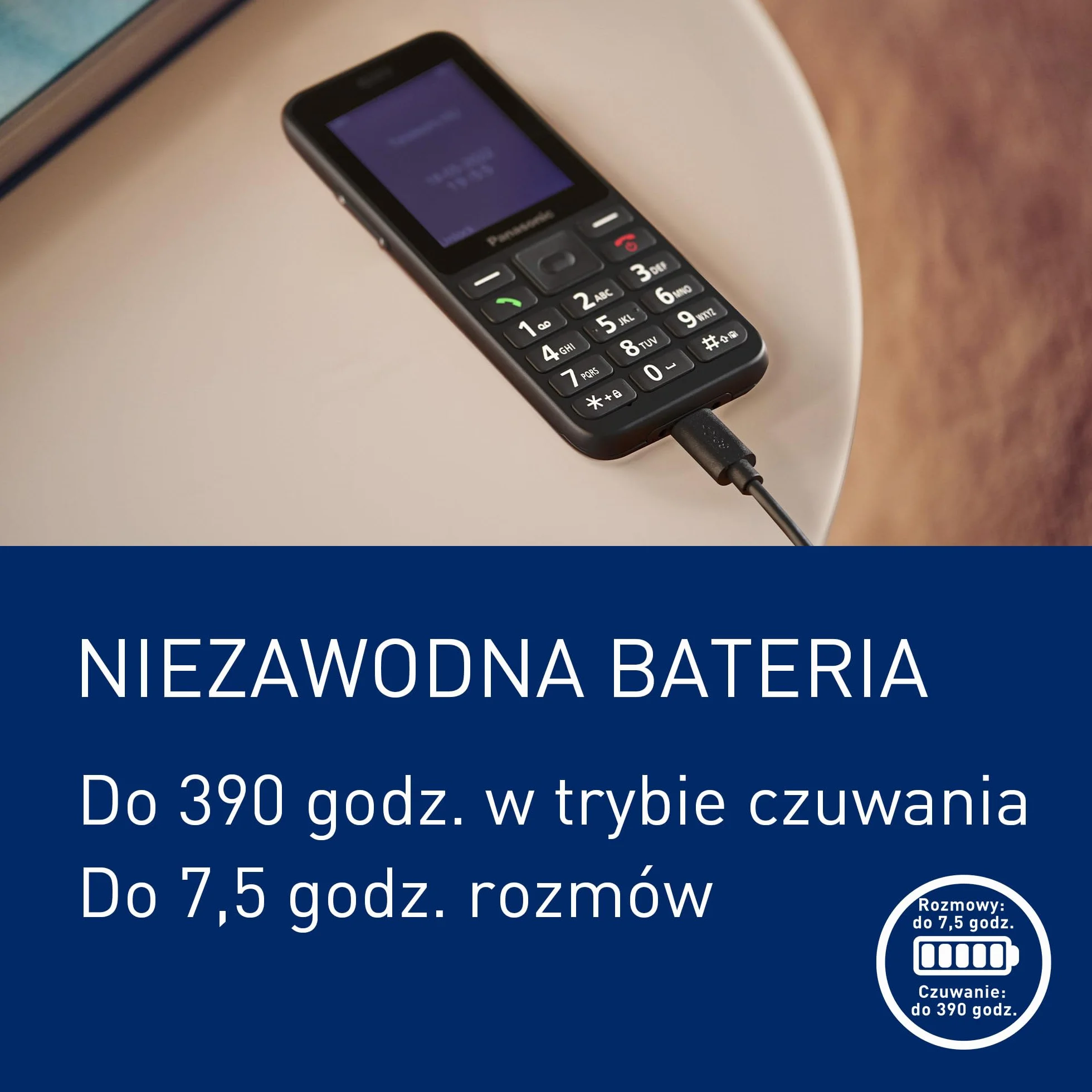 Panasonic KX-TU260EXB Telefon komórkowy 4G duże przyciski IP44 USB C czas rozmowy 7,5h ekran 2,4 cala czarny
