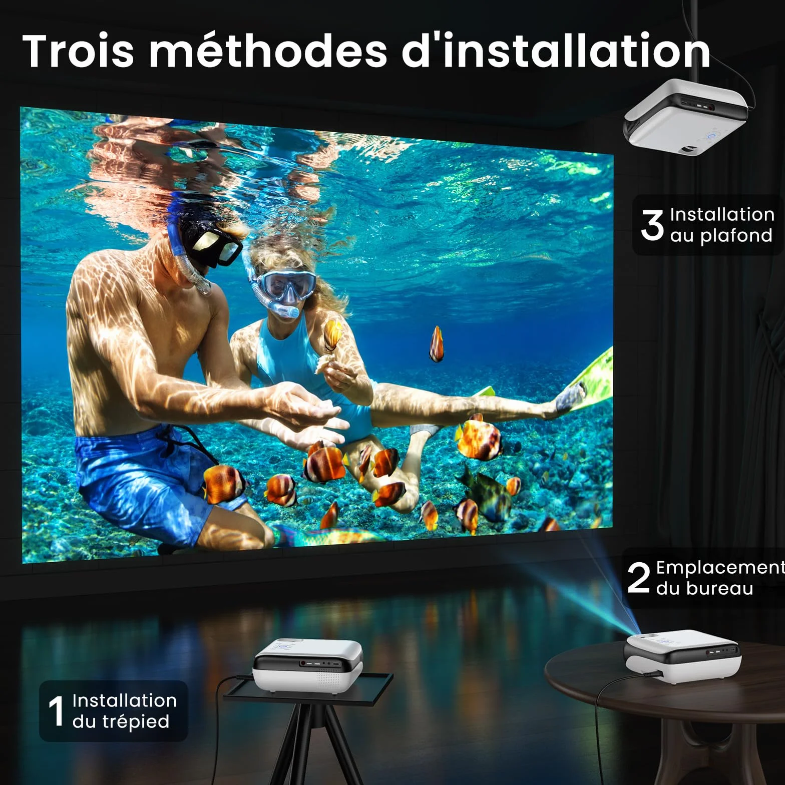 Mini projektor 4K, HAPPRUN H1 Full HD rzutnik z Bluetooth – natywny 1080P przenośny projektor na zewnątrz z głośnikiem, kompatybilny ze smartfonem, HDMI, USB, AV, TV-Stick, PS5 do kina domowego