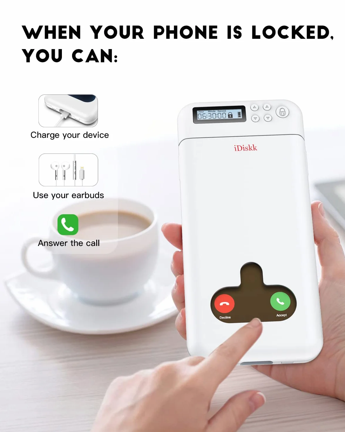 iDiskk Więzienie na telefon z blokadą timera do Androida/iPhone'a 6,7 cala samokontrola biała