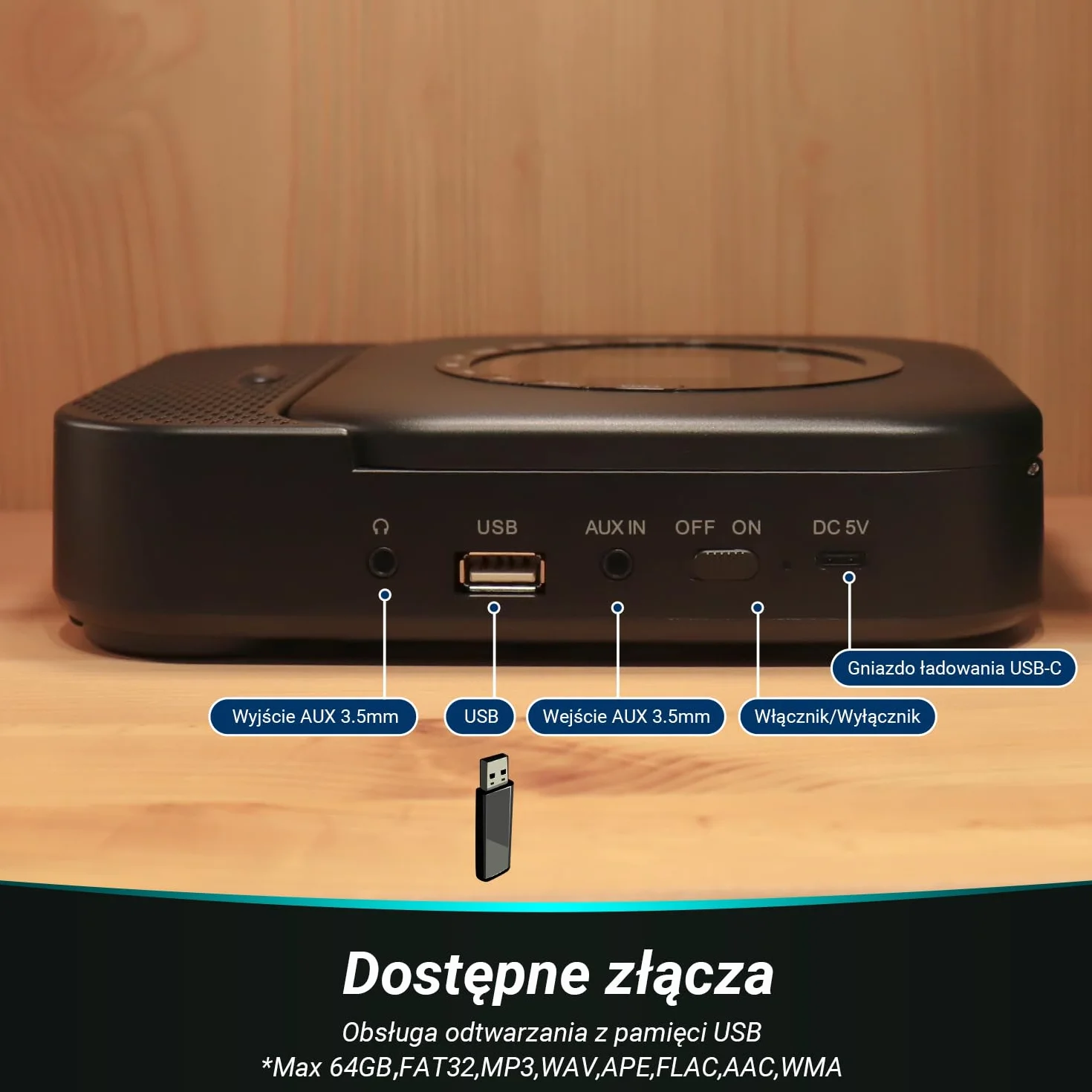 August SE15 Przenośny odtwarzacz CD z Bluetooth 5.3,portem USB,AUX 3.5 mm-odtwarzacz CD wbudowaną baterią,korektorem dźwięku,ochroną przed wstrząsam-w zestawie uchwyt ścienny,słuchawki i pilot