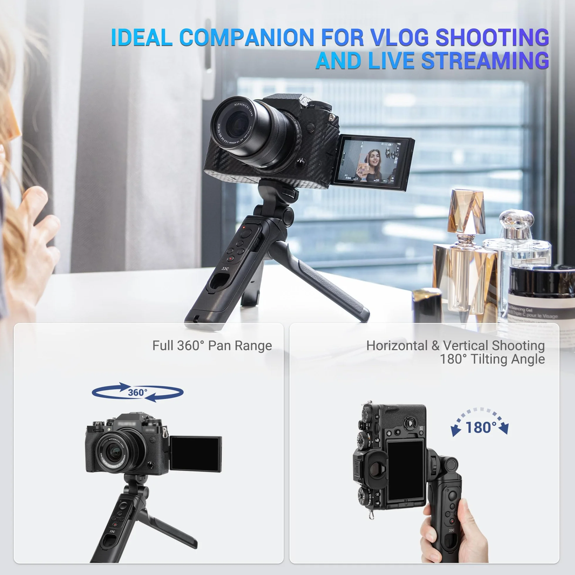 JJC Statyw biurkowy z uchwytem Vlog z pilotem Bluetooth TG-BT1 do Fujifilm X100VI X-S20, X-H2S, X-H2, X-T5, X-T4, X-T3, X-T30 II, X-T30, X-S10 stabilizator wideo kamery