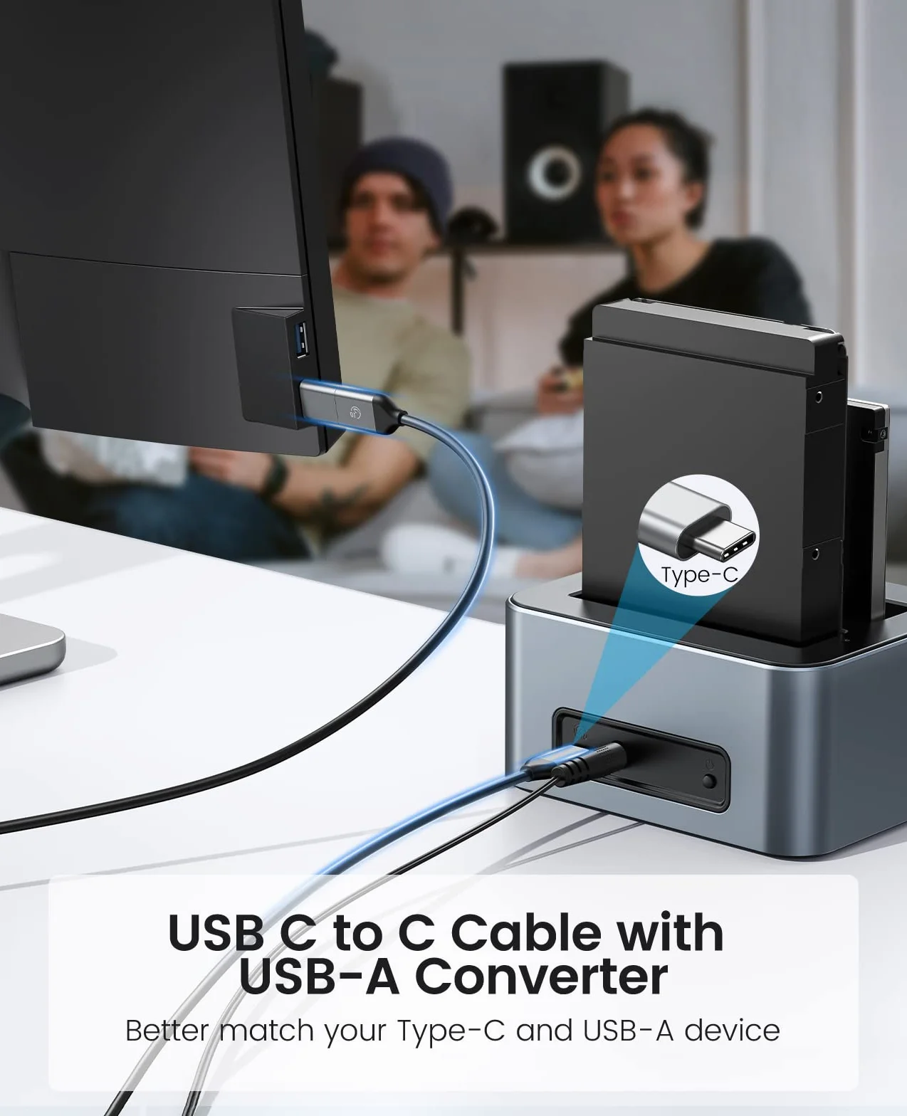 ORICO Aluminiowa stacja dokująca z podwójnym dyskiem twardym, USB 3.2 Gen 2 do SATA 2,5/3,5 cala SSD/HDD, 2 kieszenie, zasilacz 12 V 3 A, obsługuje 2 x 18 TB, bez użycia narzędzi (6626C3)