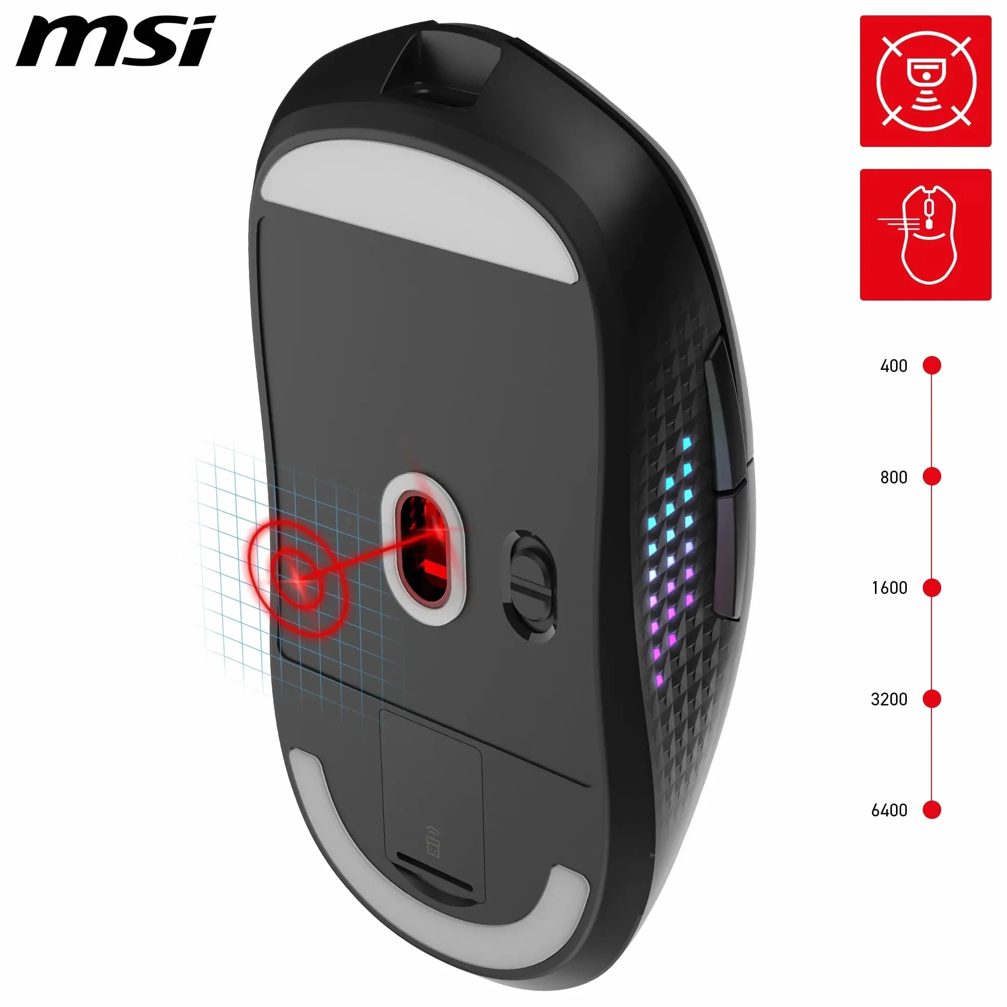 MSI Versa 300 Elite Wireless Gaming Mouse — 26,000 dpi photosensor, 1000 Hz polling rate, balanced, 60 million click OMRON switch, 200-hour battery, 1 ms latency, RGB, 65 g — wired/wireless