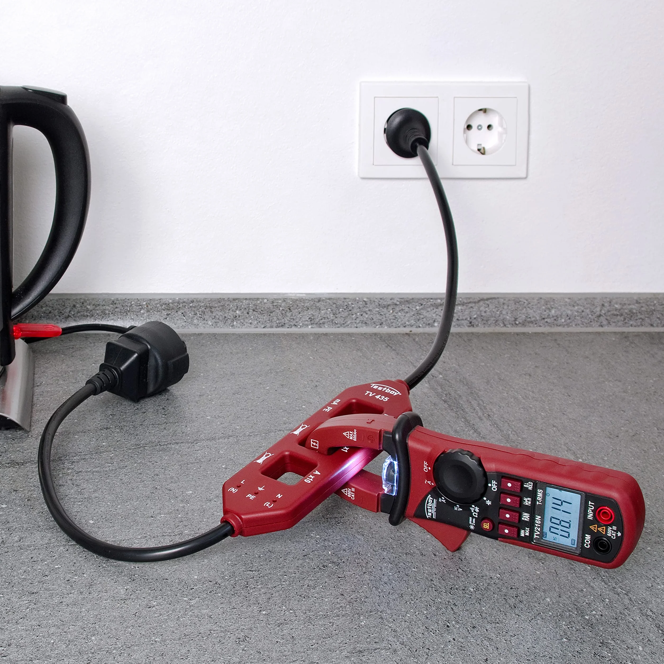 Adapter do pomiaru prądu Testboy TV 435 (rozdzielacz linii, adapter ze złączami Schuko, pomiar prądu przewodu ochronnego, zintegrowane gniazda pomiarowe), czerwony/czarny