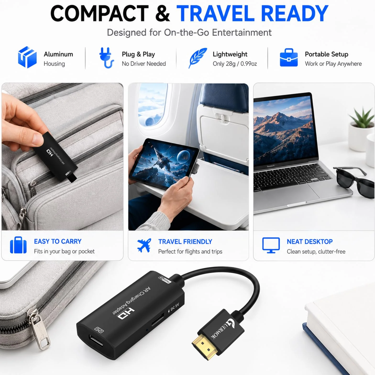 Guermok adapter HDMI–USB-C do okularów AR, 4K@60Hz, ładowanie DC 5V – do XREAL One/Air 2 Pro, RayNeo, Rokid, Steam, Switch2/1, PS 5/4, monitorów przenośnych (czarny)