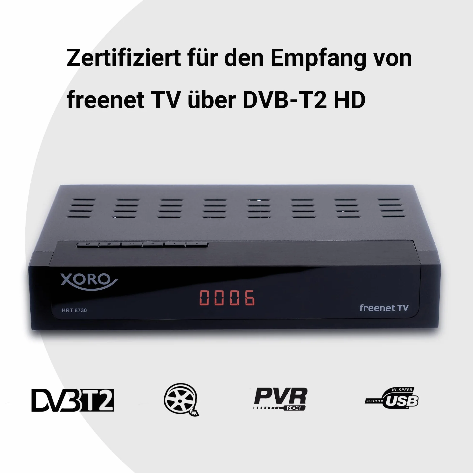 XORO Odbiornik DVB-C/T2 Combo HRT 8730 Hybrid z odtwarzaczem multimedialnym USB, PVR Ready, Timeshift, wbudowanym systemem dostępu Irdeto do Freenet TV i 6 miesięcy