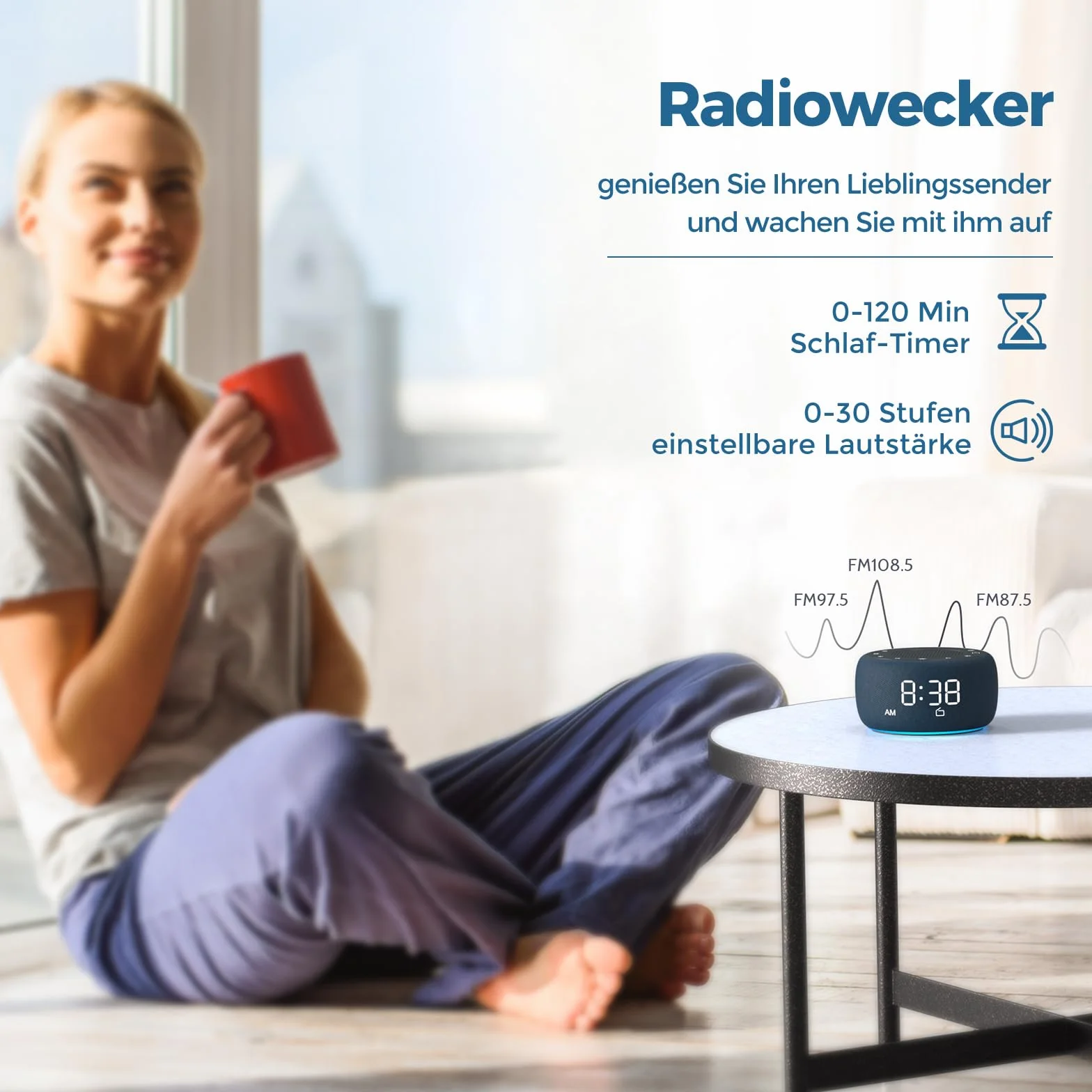 BUFFBEE Radiobudzik do sypialni – wysokiej jakości dźwięk, 4 dźwięki budzika, 7-kolorowe światło nocne, wskaźnik pełnego obszaru ze ściemniaczem do stolika nocnego (granatowy)