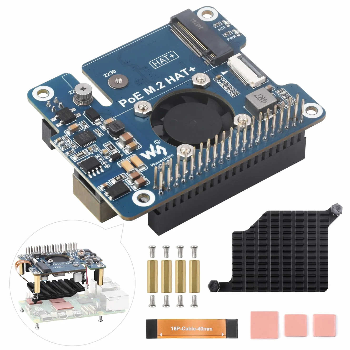 Waveshare PCIe To M.2 HAT+ Adapter With PoE for Raspberry Pi 5, with Cooler Fan, Support NVMe Drive Protocol 2230/2242 M.2 Solid State Drive & 802.3af/at Network Standard, High-speed Reading/Writing
