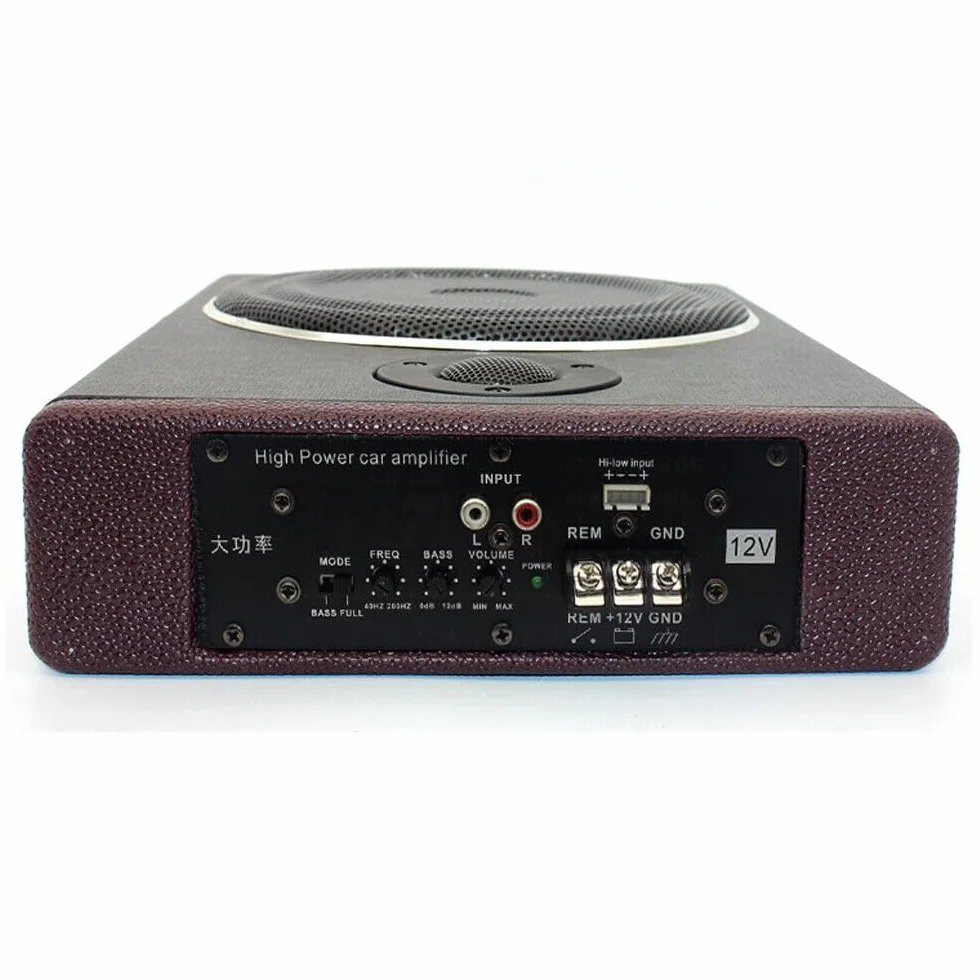 Subwoofer płaski samochodowy aktywny głośnik basowy, ultra kompaktowy pod siedzeniem, drewniany korpus pokryty skórą PU, czarny