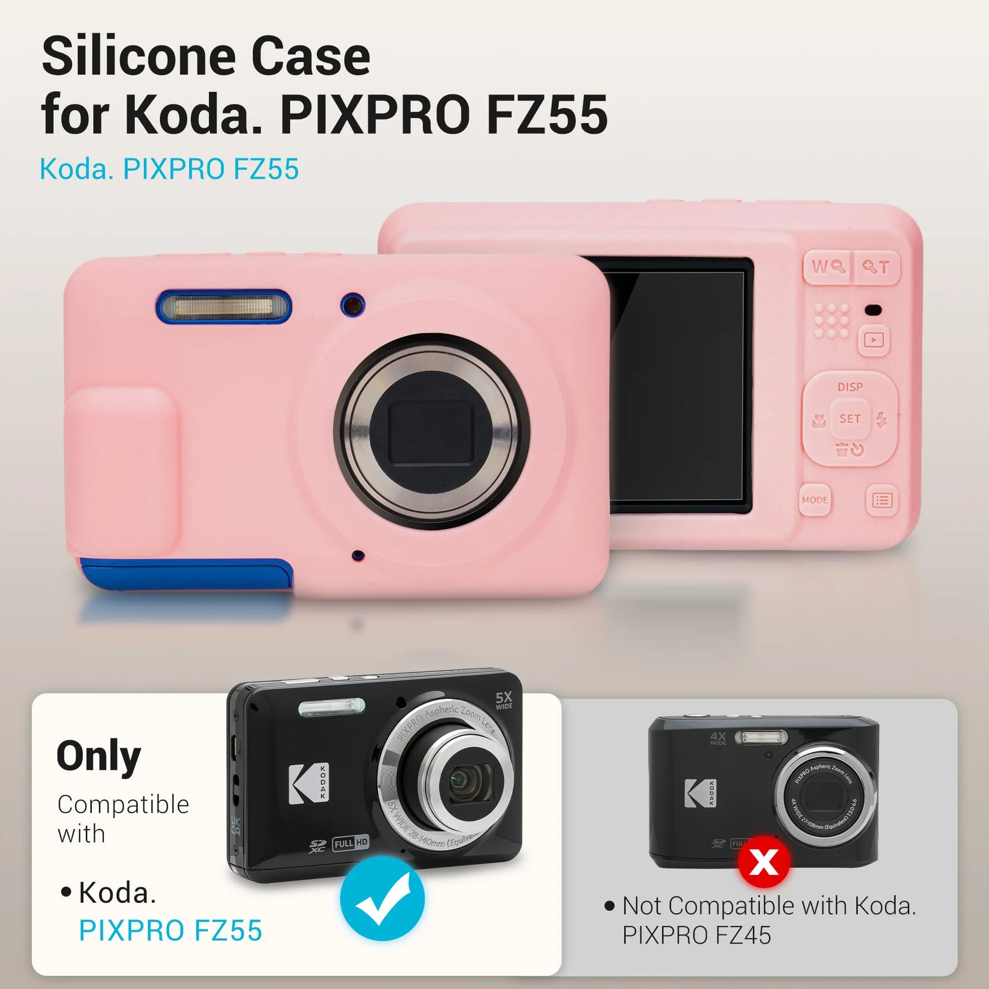 PROfezzion Silikonowe etui ochronne do Kodak PIXPRO FZ55, dopasowany krój, akcesoria do rękawów ze szklanym ochraniaczem ekranu i paskiem na nadgarstek do aparatu cyfrowego Kodak FZ55 - różowe