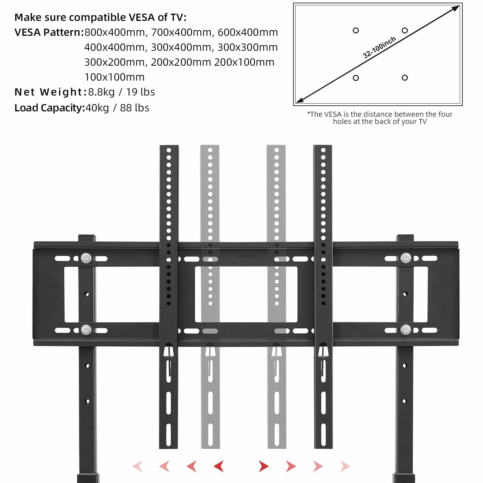 Stojak pod telewizor z regulacją wysokości, uniwersalny uchwyt do telewizorów 32"-100", VESA 800 x 400 mm, maks. 40 kg