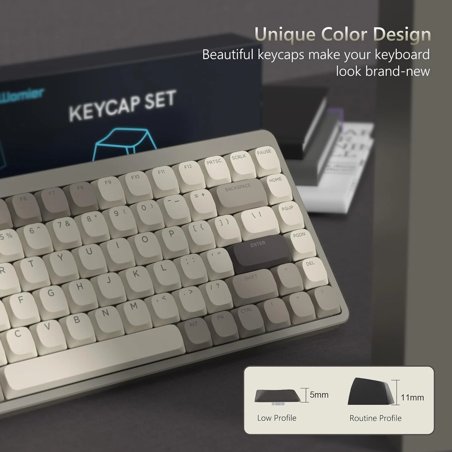 Low Profile Keycaps 143, PBT nakładki na klawisze Shine Through, klawisze do ANSI US 60% 65% 75% 80% 100% Cherry Gateron MX przełącznik klawiatura mechaniczna, khaki szary (nie obsługuje ISO)