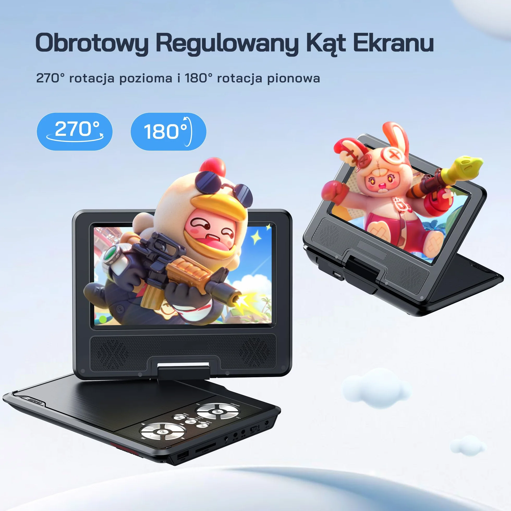 WOLFANG Przenośny Odtwarzacz DVD 9,5" Ekran Obrotowy HD 7,5" 4-6h Pracy Bez Blokady Regionalnej