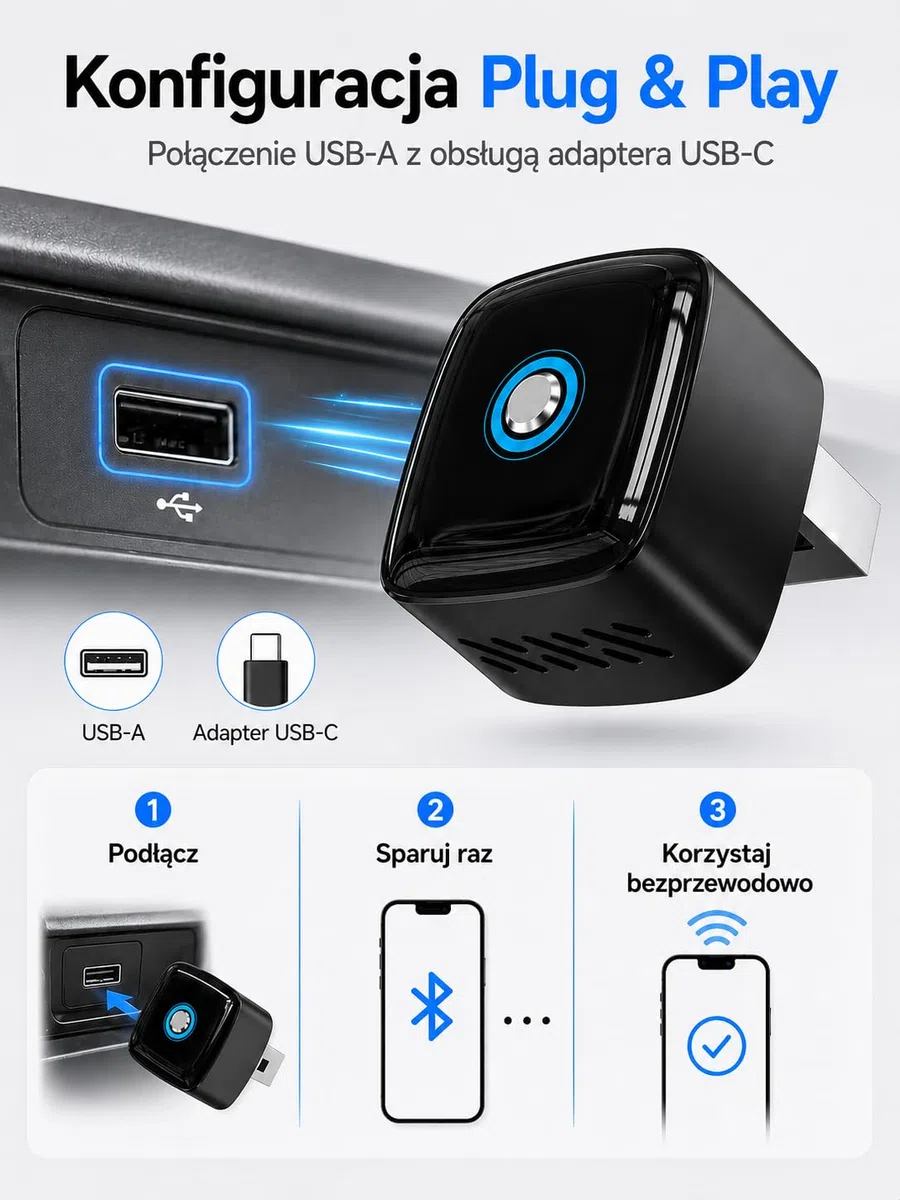 Bezprzewodowy Adapter CarPlay i Android Auto 2 w 1, pamięć dwóch telefonów, szybkie przełączanie, Plug & Play USB-A/USB-C, 5.8GHz WiFi, OTA, Czarny