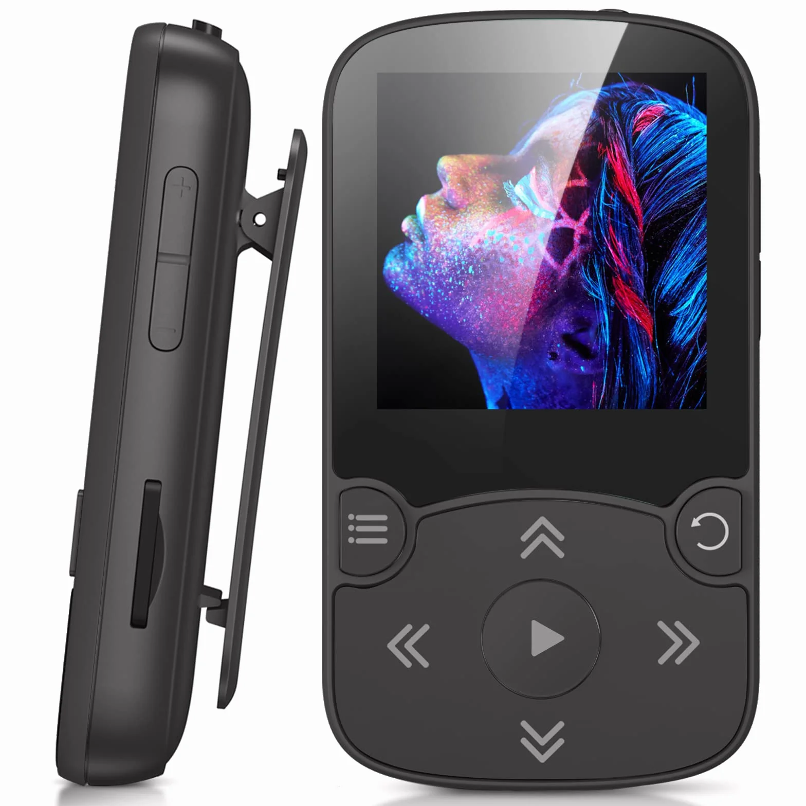 AGPTEK Odtwarzacz MP3 Bluetooth 5.3 Sport 32 GB z kolorowym ekranem TFT 1,5", mini odtwarzacz muzyki z klipsem, obsługuje kartę TF do 128 GB, z przyciskiem głośności, radio FM, krokomierz, czarny