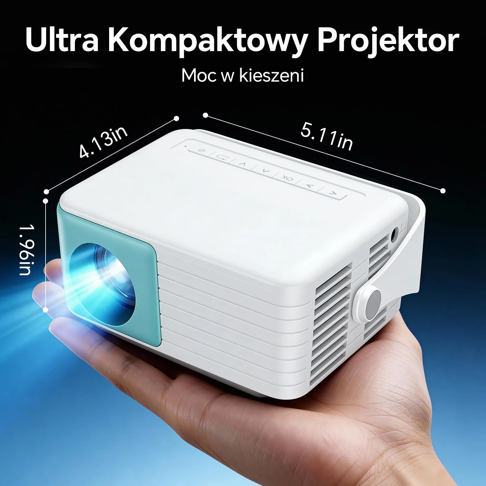 WOLFANG Mini Projektor, Przenośny Projektor z Obsługą Wejścia 1080P, Natywna Rozdzielczość 720P, Automatyczna Korekcja Keystone, Zoom 50% i Obrót 180°, Kompatybilny z iOS/Android/Laptopem/TV Stick