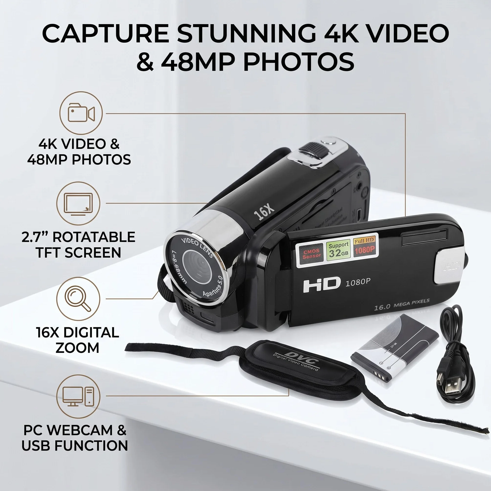 Yosoo Health Gear Kamera wideo, aparat cyfrowy, 4K 48MP DV Ręczna kamera 2,7-calowy obrotowy ekran TFT 16x zoom cyfrowy Kamera wideo z kablem USB, kompaktowy aparat (czarny)