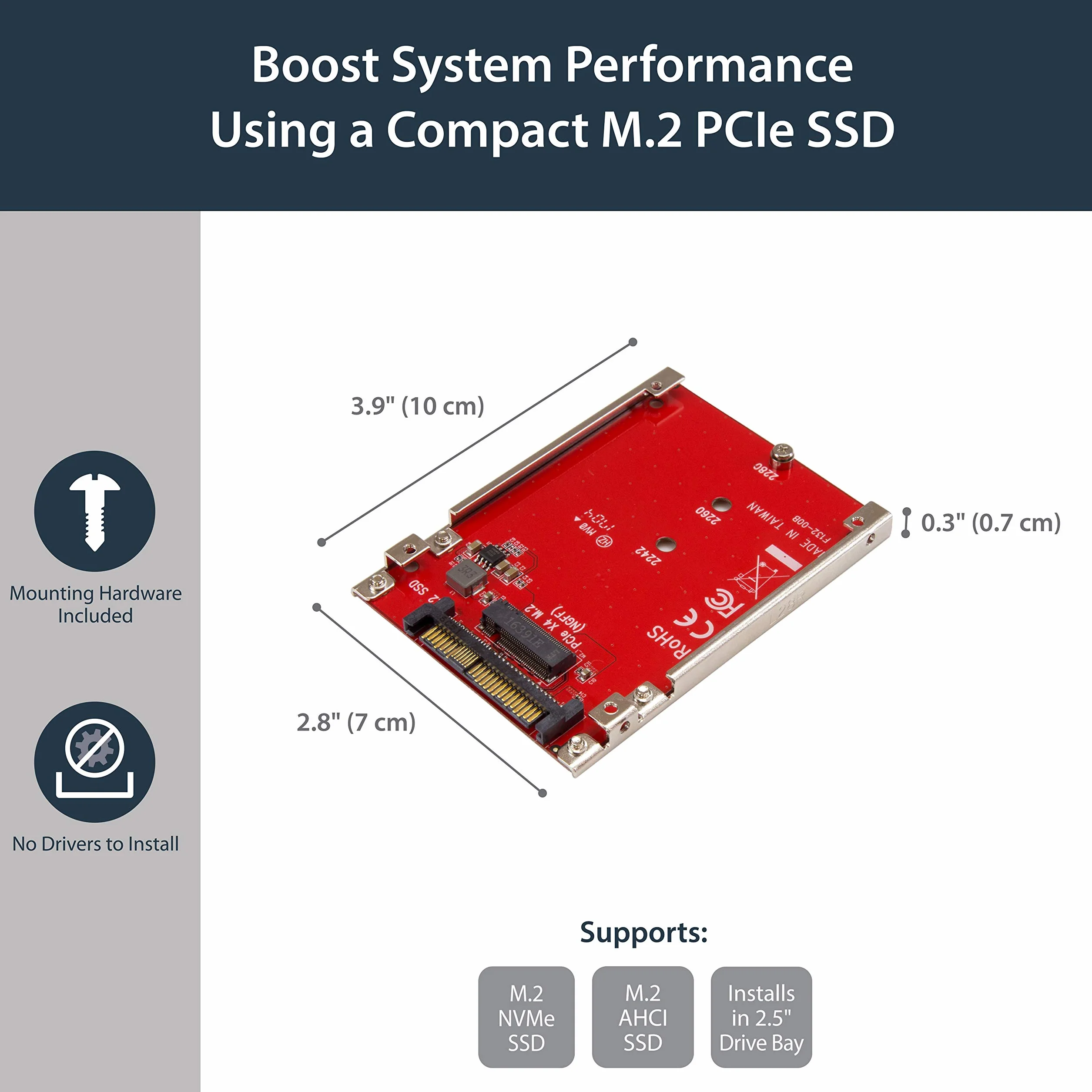 StarTech.com Adapter M.2 do U.2, dla SSD M.2 PCIe NVMe, Adapter PCIe M.2 do 2.5" U.2 (SFF-8639), Konwerter SSD M2, Czerwony (U2M2E125)