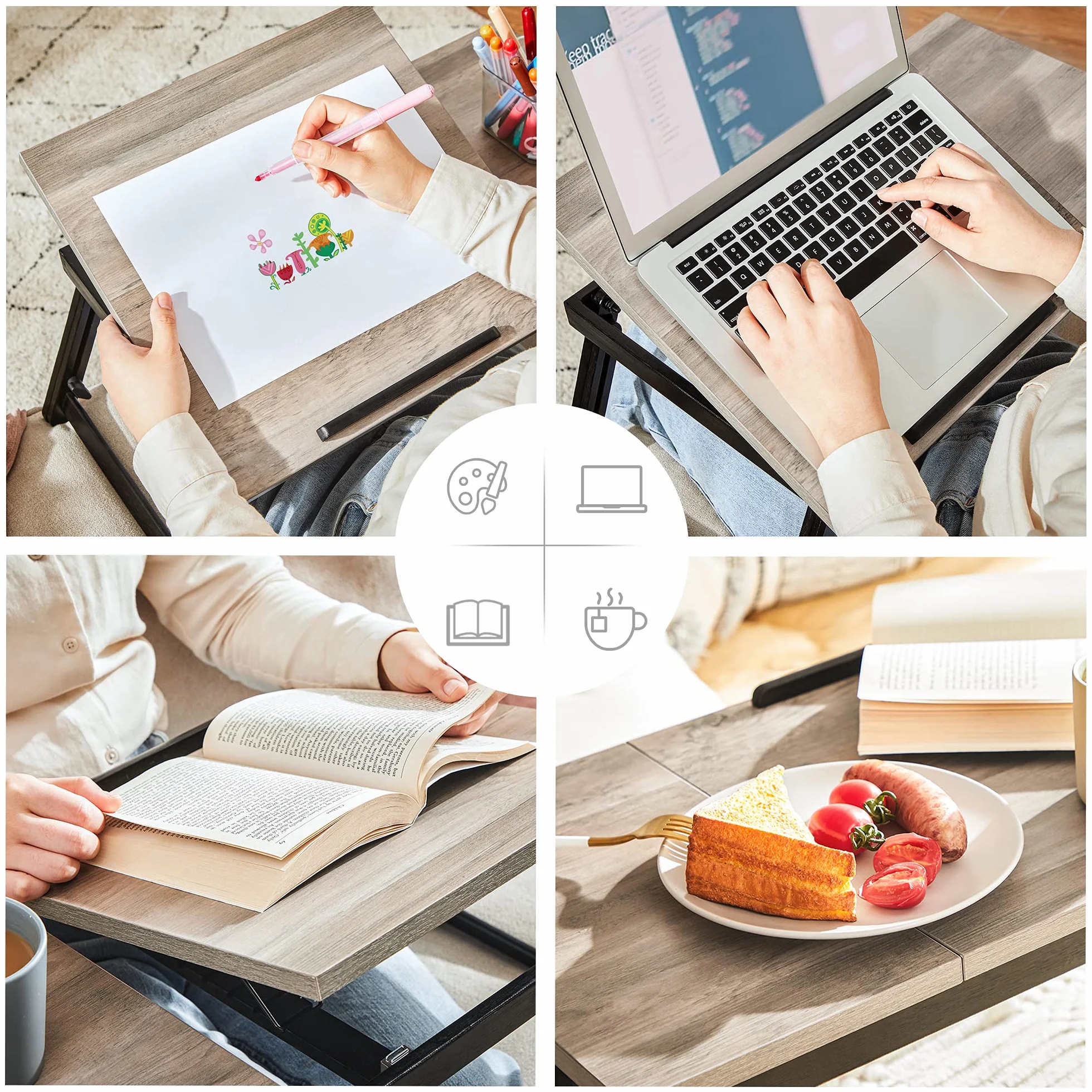 SONGMICS LLD105W01 Stolik/stojak pod laptopa, taca śniadaniowa, składane nogi, na łóżko i sofę, z regulacją wysokości, do laptopów o przekątnej ekranu do 15,6“, 55 x 35 x 23 cm, odcień greige