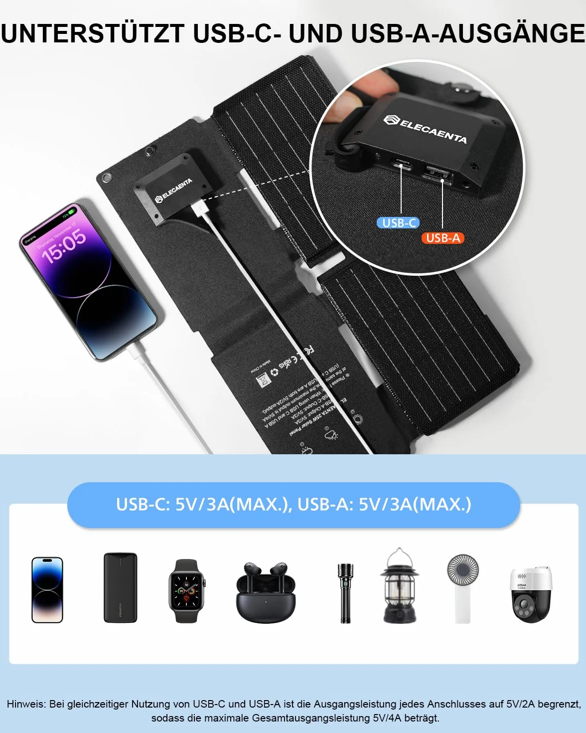 ELECAENTA Przenośna ładowarka solarna ETFE 25 W, rozmiar kieszonkowy, mini składany panel słoneczny z USB-A i USB-C, wodoodporność IP68, na zewnątrz, kemping, wędrówki, kompatybilna z telefonem