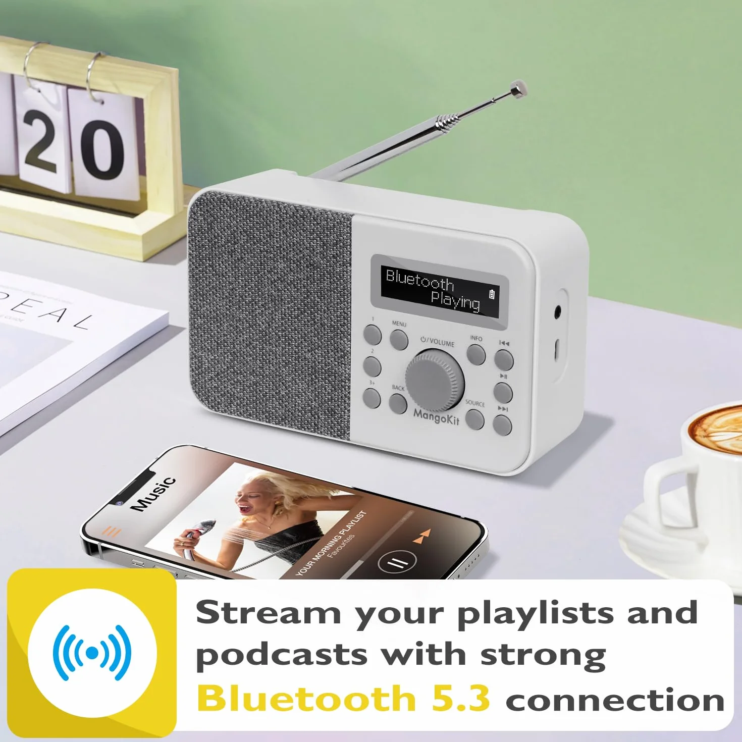 PR2S Przenośne Radio Cyfrowe DAB i FM z Głośnikiem Bluetooth, Budzikiem, 40 Stacji, Szary