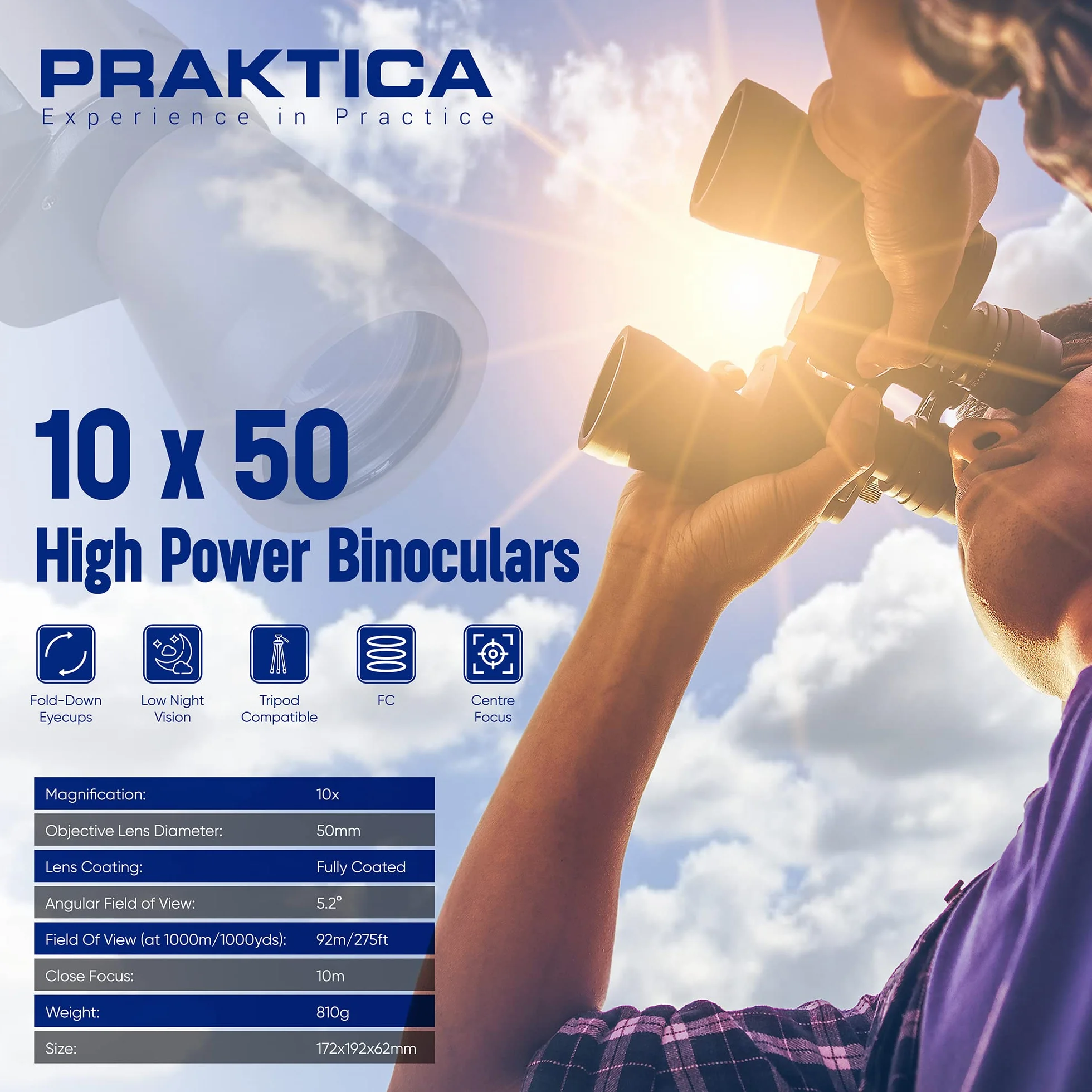 Praktica Falcon 10 x 50 mm szeroki kąt pole pryzmat porro lornetka piaskowa i uniwersalny adapter do mocowania statywu
