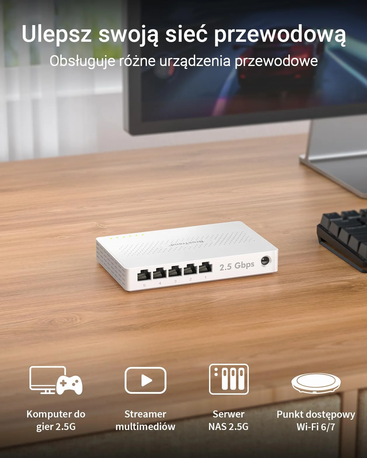 BrosTrend Przełącznik 5 portów 2,5 GB, niezarządzany przełącznik Ethernet do konsoli do gier, komputera, NAS itp. Przełącznik sieciowy 2,5 Gigabit bez wentylatora Plug & Play, dożywotnia ochrona