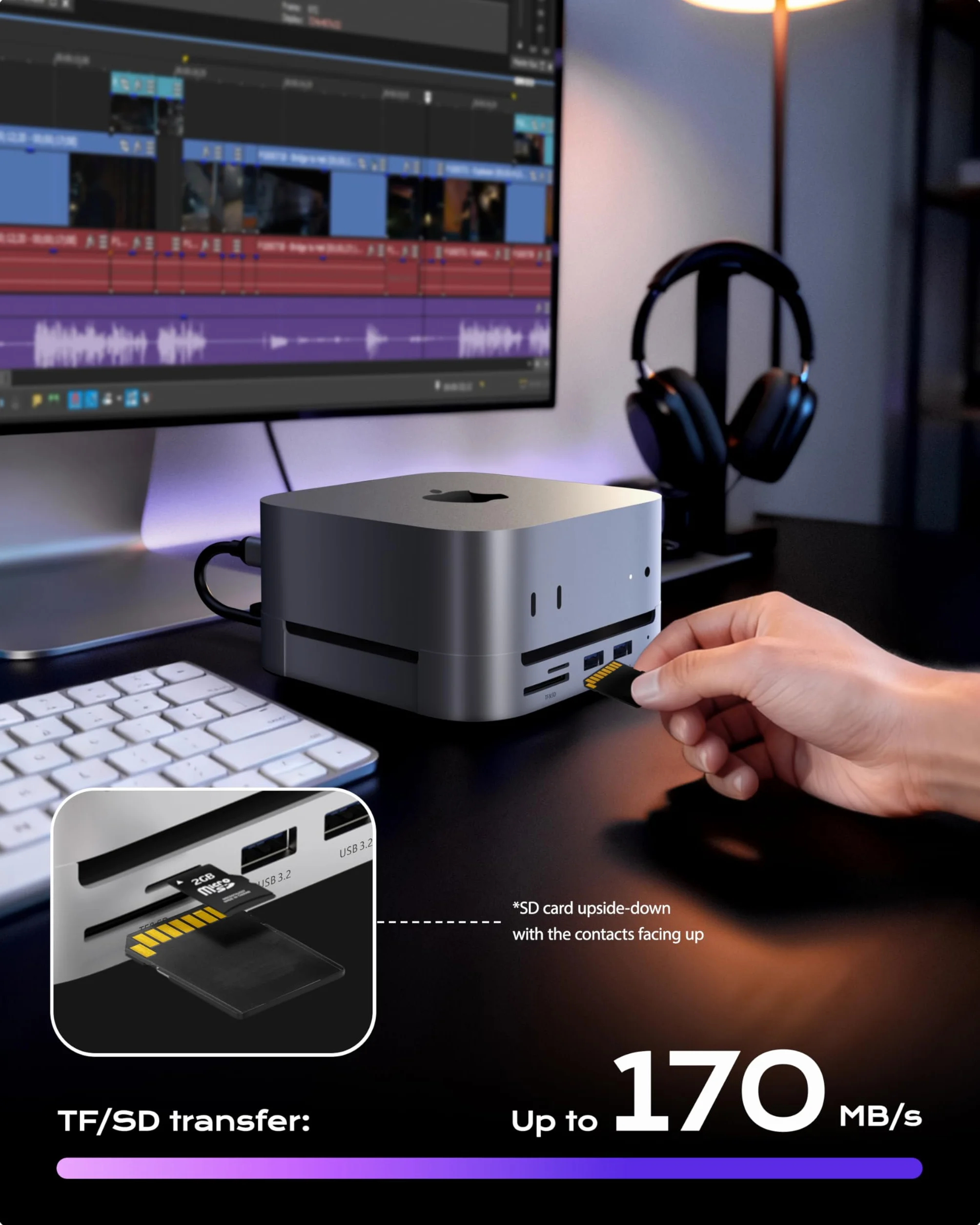 Stacja dokująca Stouchi Mac mini M4 z obudową SSD NVMe, podstawką i hubem M4 z 2 portami USB A 10 Gb/s, czytnikami kart SD/TF, HDMI 4K@60HZ, 2 portami USB A do transmisji danych, gniazdem audio 3,5 mm